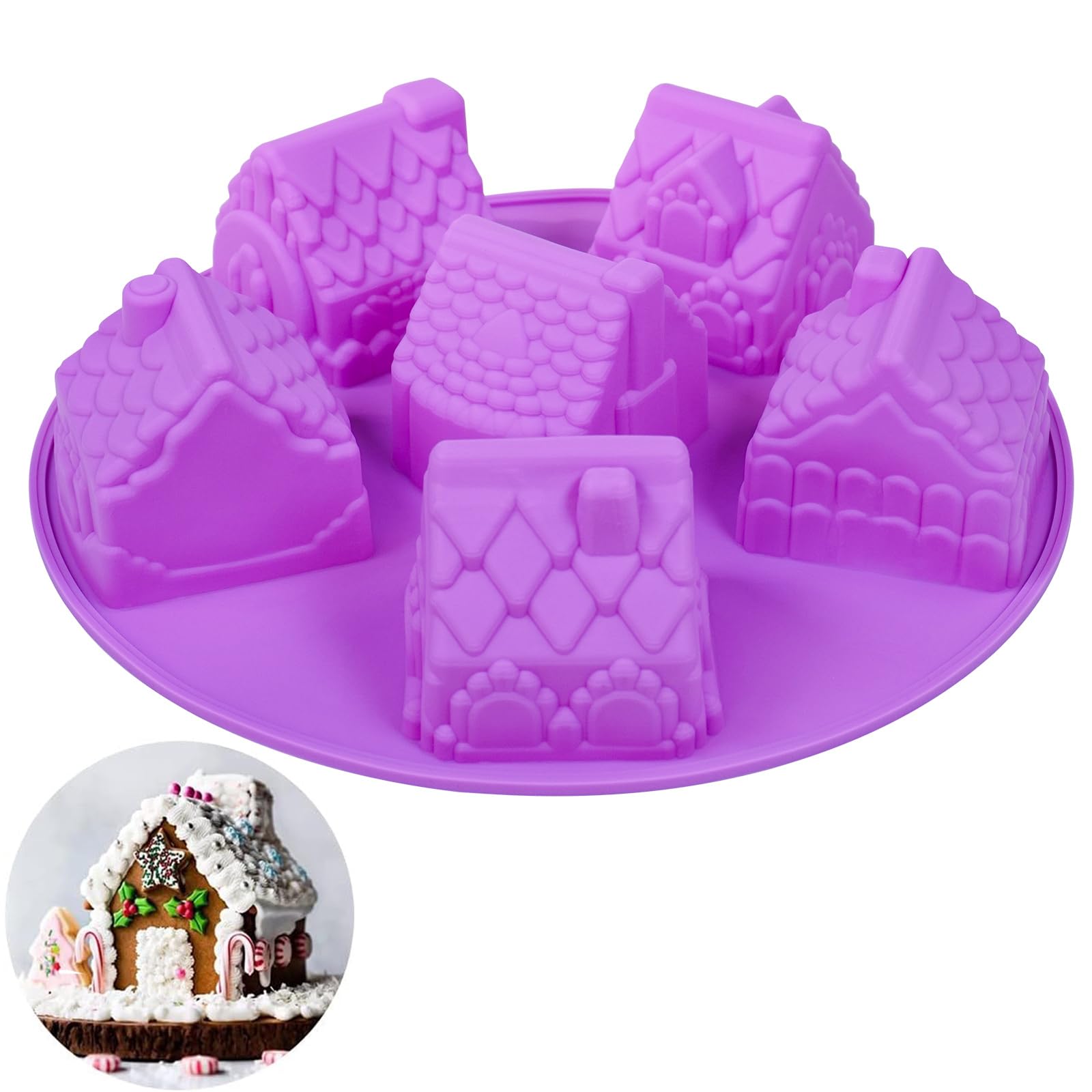 6-Cell Silicone Gingerbread House Mold for Baking Cupcakes, Ice Cubes, Chocolate, Jelly Candy & Handmade Soap | Nonstick, BPA-Free Christmas Baking Molds | Perfect for Holiday Treats, DIY Desserts & Festive Party Decorations