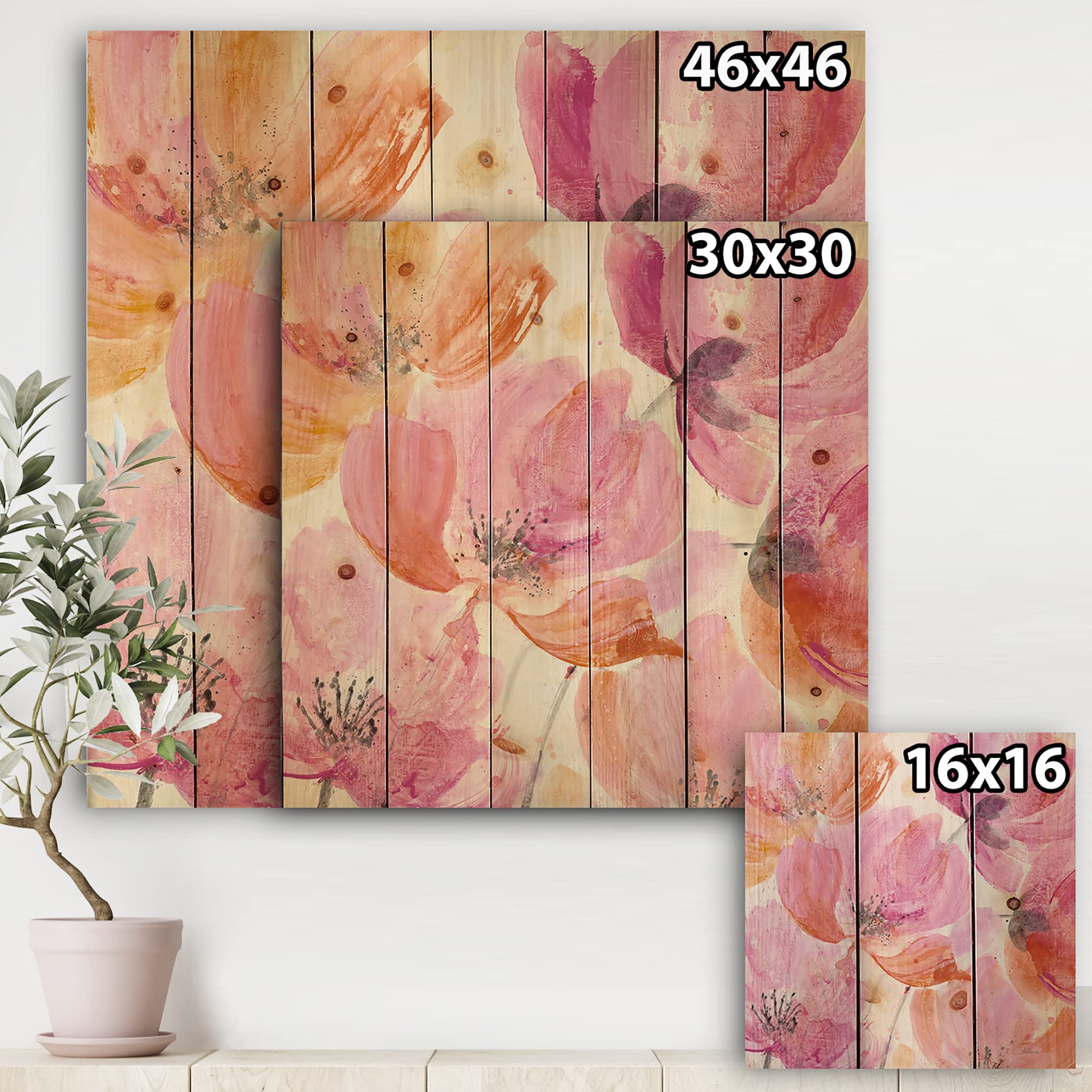DesignQ Shabby Flower III Shabby Chic Wood Wall Decor - Pink Floral Wood Wall Art for Home & Office - Large Printed Pine Wood Wall Panels - Perfect for Living Room, Bedroom & Farmhouse Decor