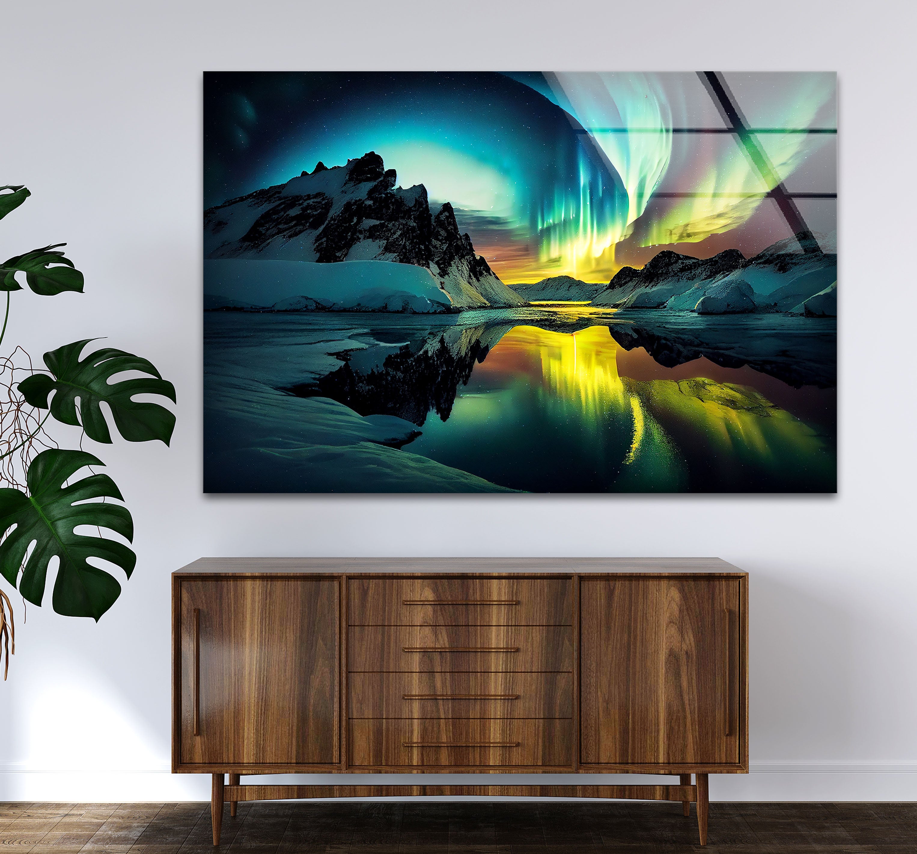 Aurora Borealis Glass Wall Art – Stunning Northern Lights Over Arctic Mountains – Perfect for Living Room, Bedroom & Office Decor