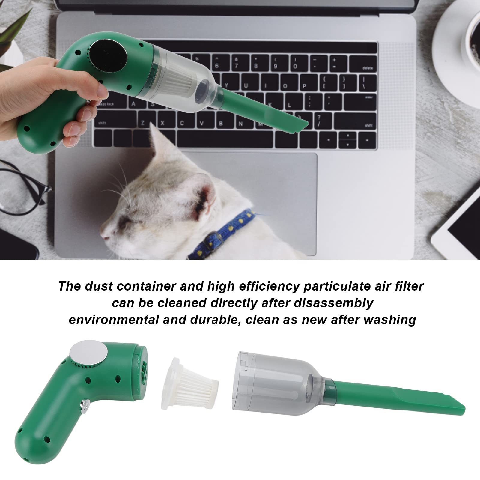 **50W Cordless Handheld Vacuum Cleaner for Car - USB Rechargeable Portable Dust Catcher, Dark Green | Perfect for Car Detailing, Home Cleaning & Pet Hair Removal**