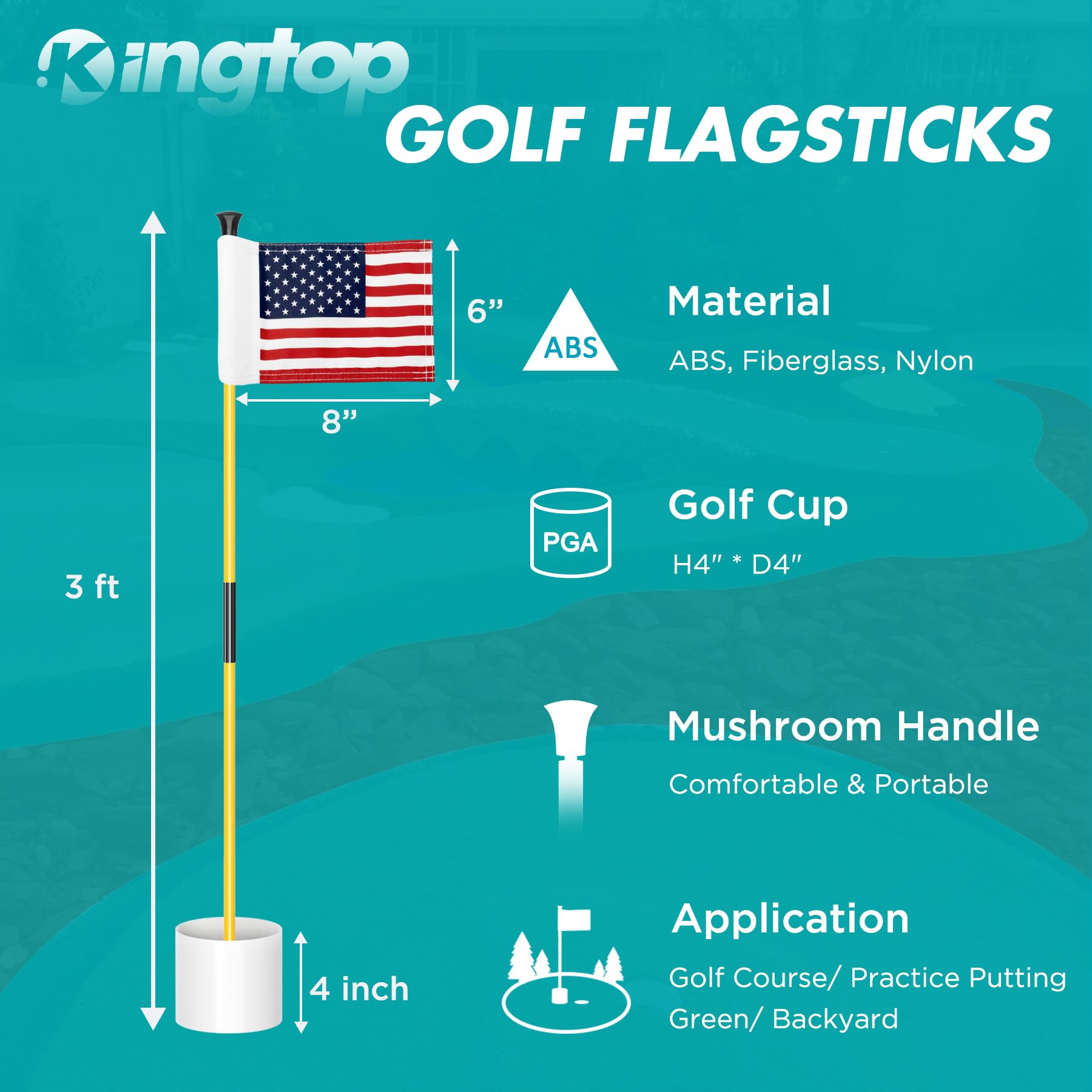 KINGTOP Golf Flagstick Mini - 3ft Practice Putting Green Flags for Yard, Golf Pin Flag & Hole Cup Combo Kit with Fiberglass Portable 2-Section Design & Double-Sided American Flag - Perfect for Backyard Golf Practice, Training Drills & Outdoor Games