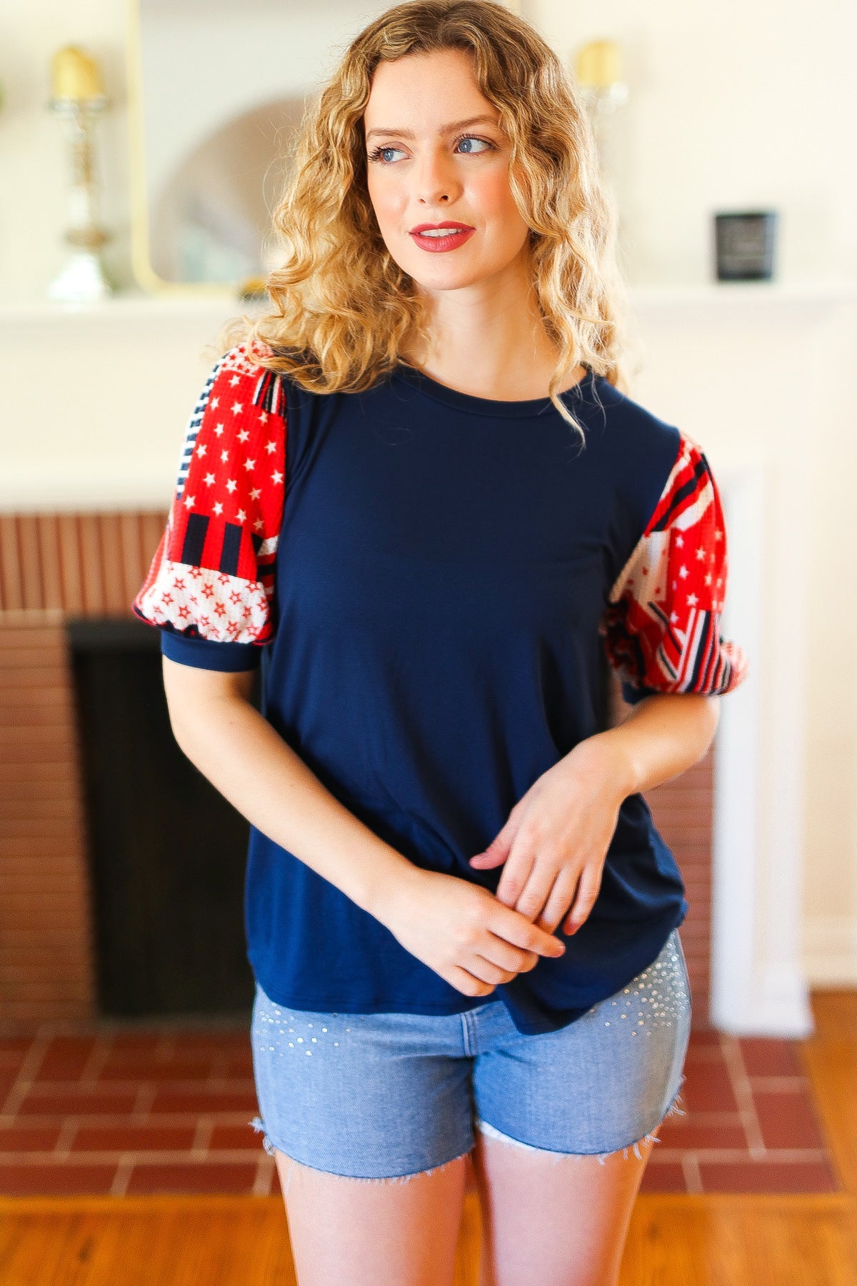 Stylish Navy Patriotic Patchwork Puff Sleeve Top for Women - Perfect for Holiday Parties & 4th of July Celebrations