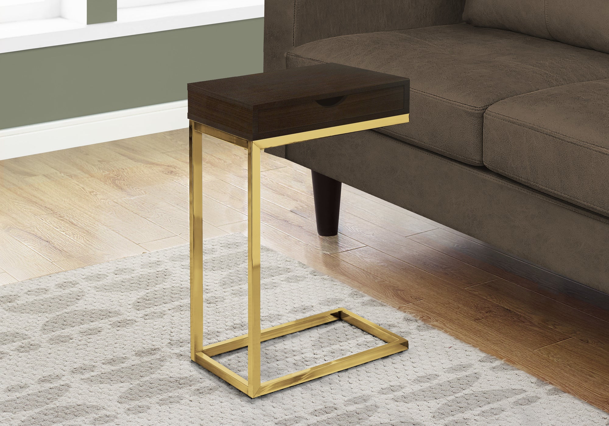Modern Accent Table with Drawer - Cappuccino Finish & Gold Metal Base | Perfect for Living Room, Bedroom, or Entryway Decor