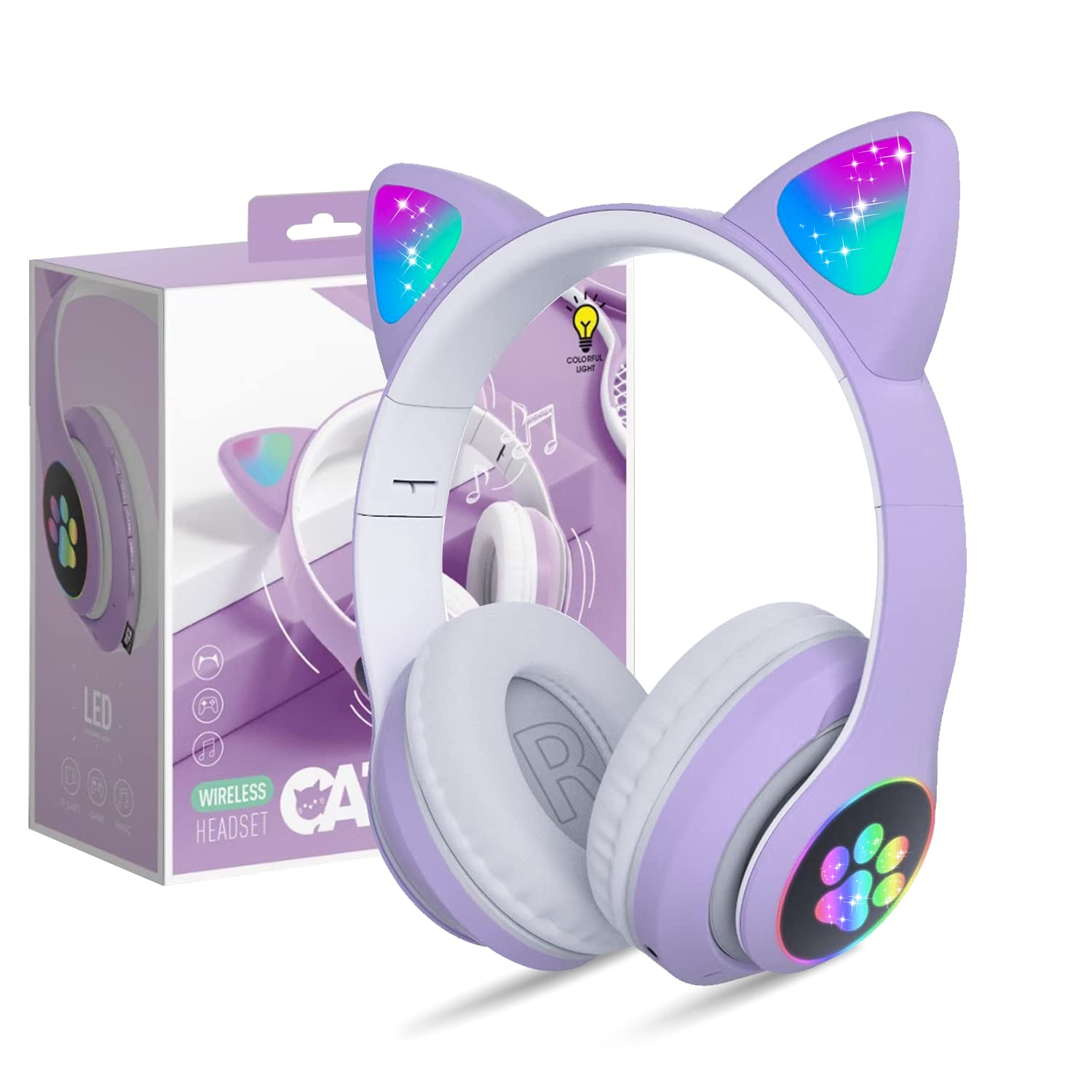 Kids Bluetooth Noise Cancelling Headphones with LED Light-Up Cat Ears, Foldable Wireless Headset with Microphone & TF Card Support - Perfect for iPad, Travel, School & Gaming