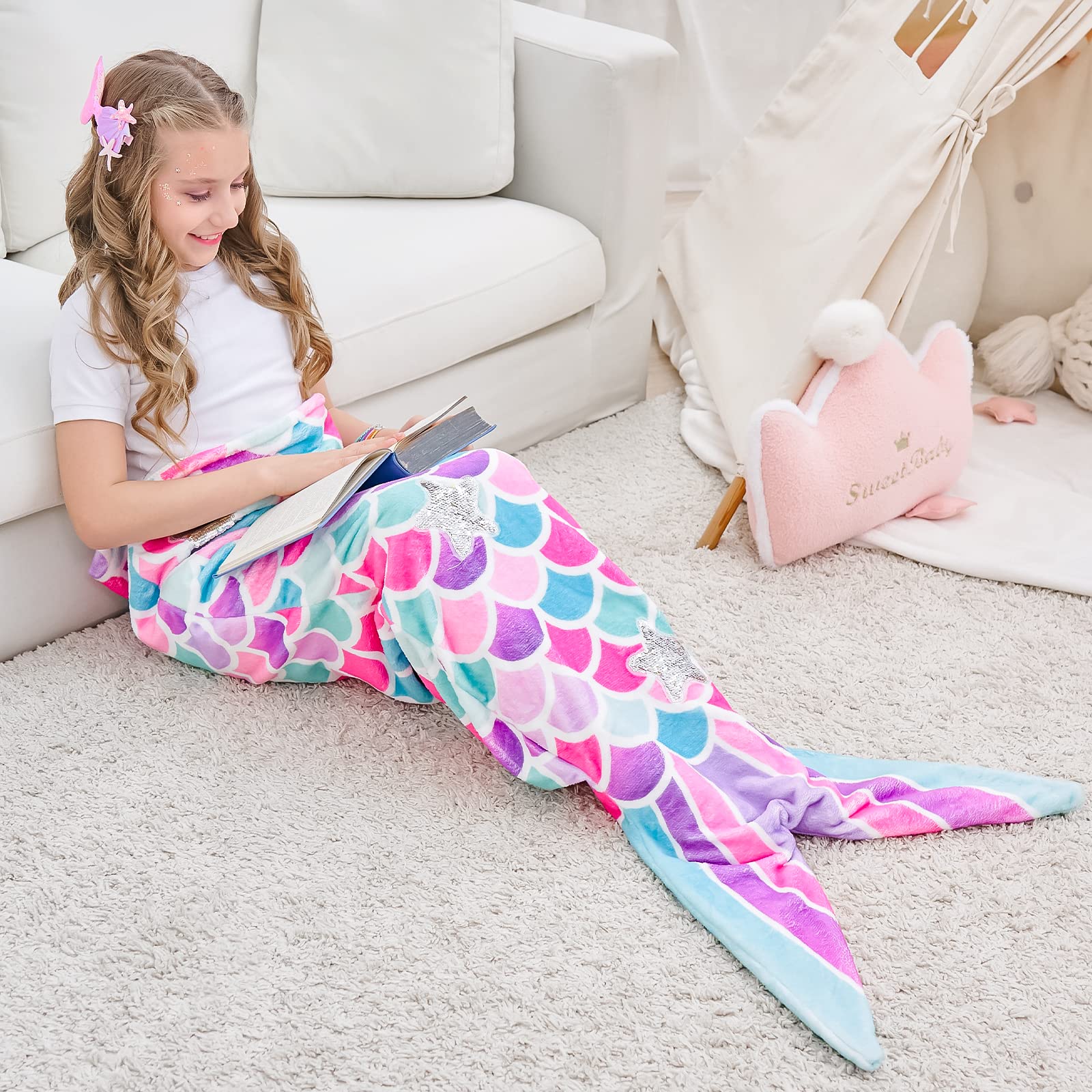 Mermaid Tail Blanket for Girls - Soft Flannel Wearable Blanket with Glitter Stars & Sequin Hairpin Bracelet, 55