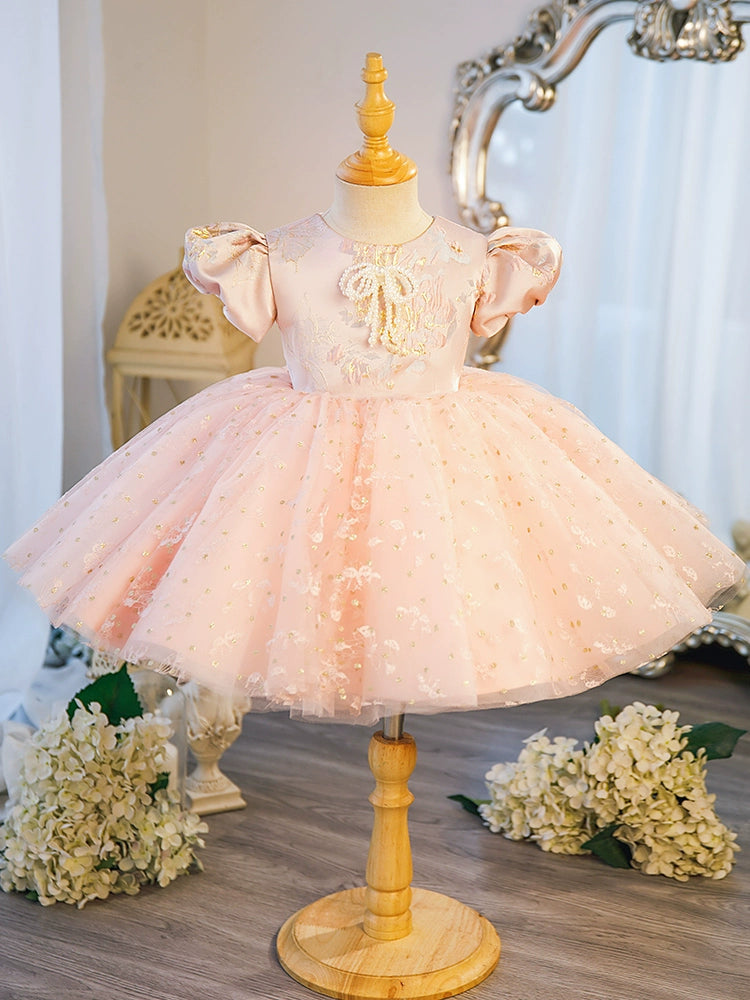 Pink Princess Round Tea Length Satin Flower Girl Dress for Weddings, Birthday Parties & Special Occasions