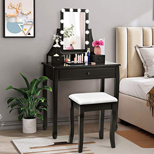 Vanity Set with Lighted Mirror - 10 LED Dimmable Bulbs Makeup Dressing Table with Touch Switch, 3 Drawers & 2 Dividers, Modern Bedroom Makeup Vanity Desk with Cushioned Stool for Women & Girls (Black) | Perfect for Home Makeup, Skincare Routine & Dressing Area