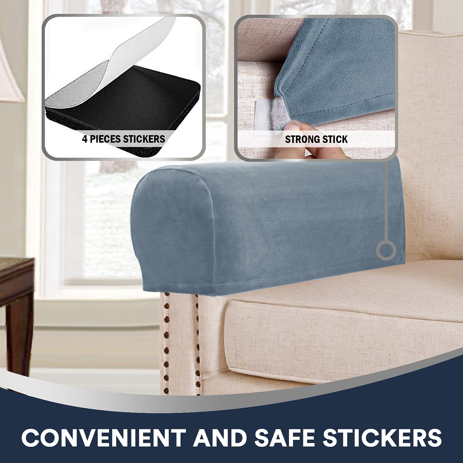 Stretch Velvet Plush Sofa Armrest Covers - Anti-Slip Furniture Protectors for Chairs, Couches & Recliners (Set of 4, Stone Blue) - Perfect for Living Room, Office & Home Decor Protection