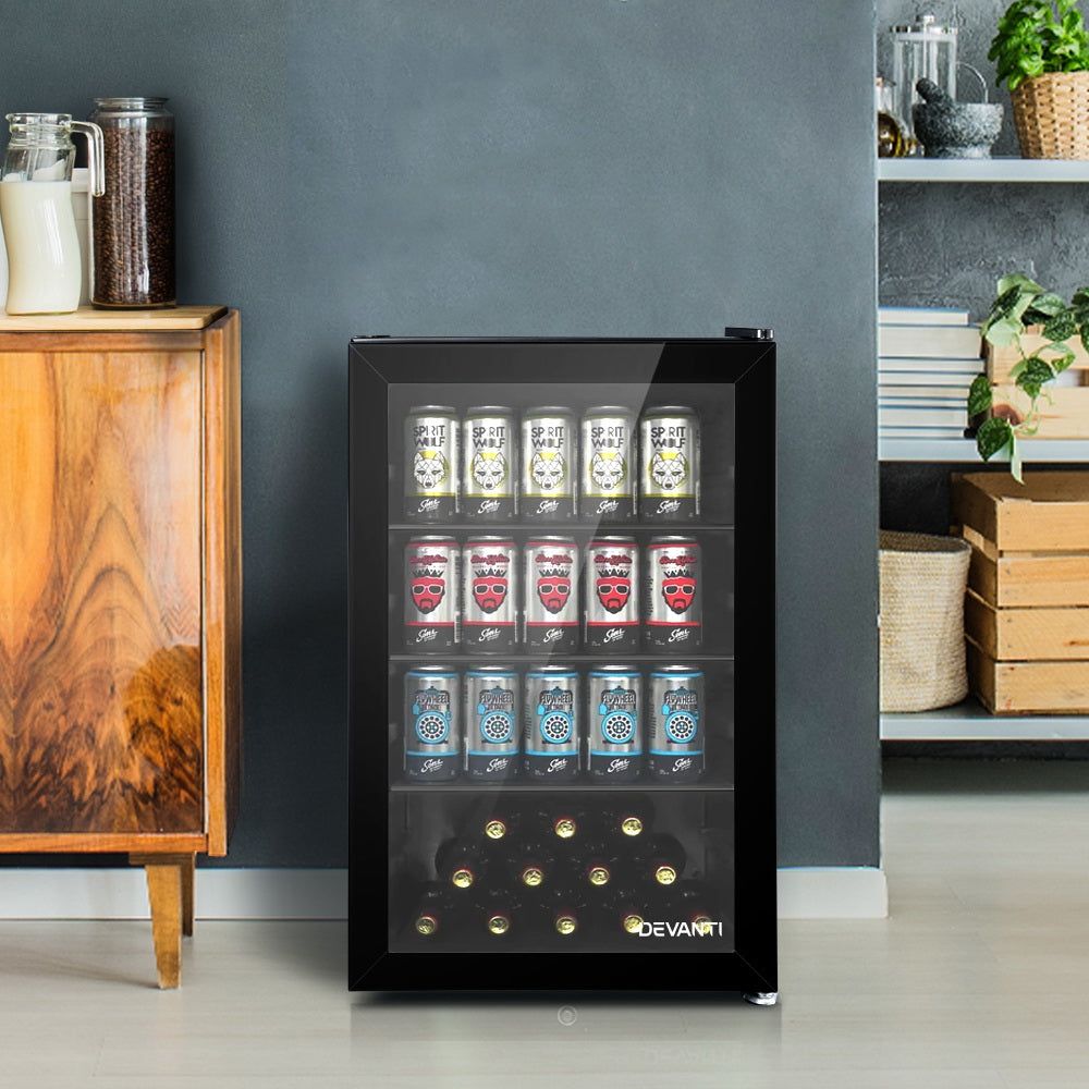 Devanti 70L Mini Bar Fridge with Glass Door and Interior Light - Compact Black Refrigerator for Home, Office, Dorm, or Entertainment Room