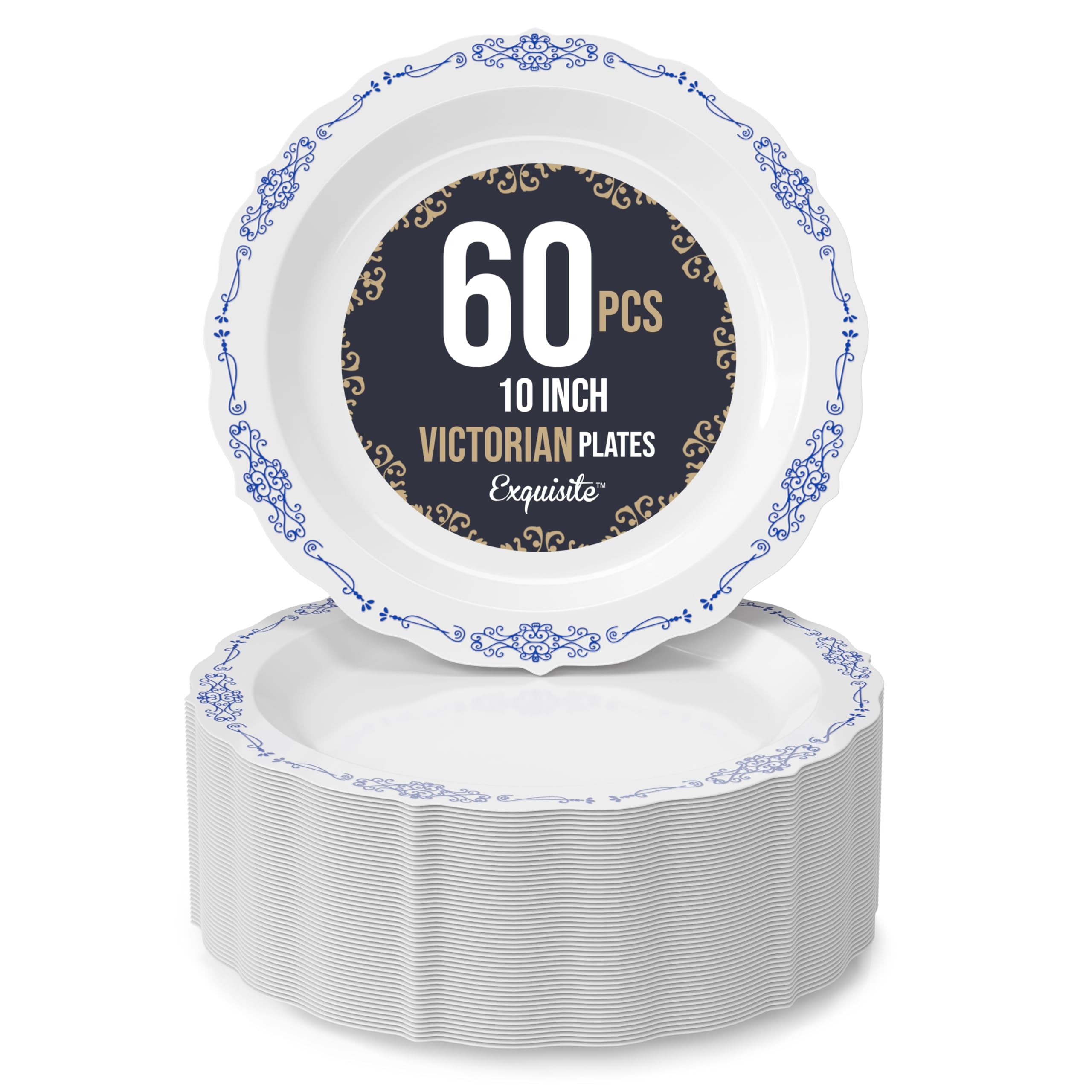 Victorian Style 60-Piece Heavy Duty Disposable Plastic Plates Set - 10 Inch White & Navy Dessert Plates for Parties, Weddings, and Events - Perfect for Serving 60 Guests