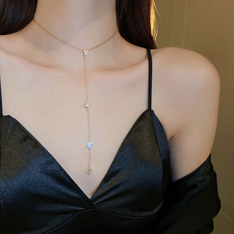 Elegant Teardrop Silver Tassel Lariat Necklace for Women | HN2188 | Perfect for Evening Parties, Weddings & Special Occasions