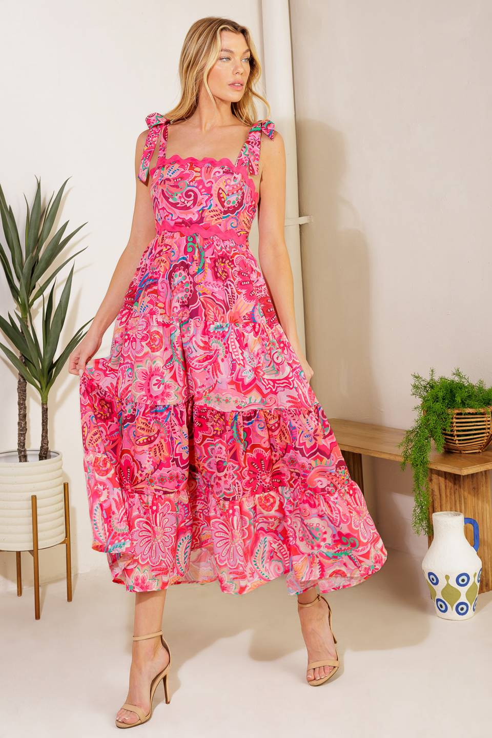 Stylish Paisley Midi Dress in Fuchsia - Perfect for Summer Outings, Parties & Casual Wear