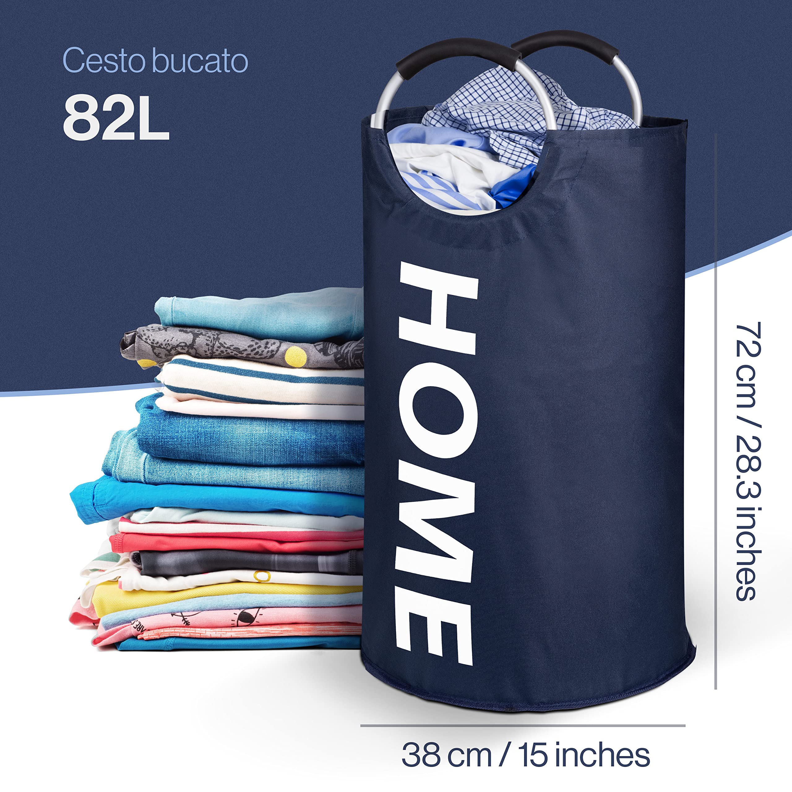 WELLENBORG Large Washable Laundry Basket - 82L Space-Saving Dirty Clothes Hamper for Bathroom, Bedroom & Laundry Room - Blue Fabric Storage Bin for Organization