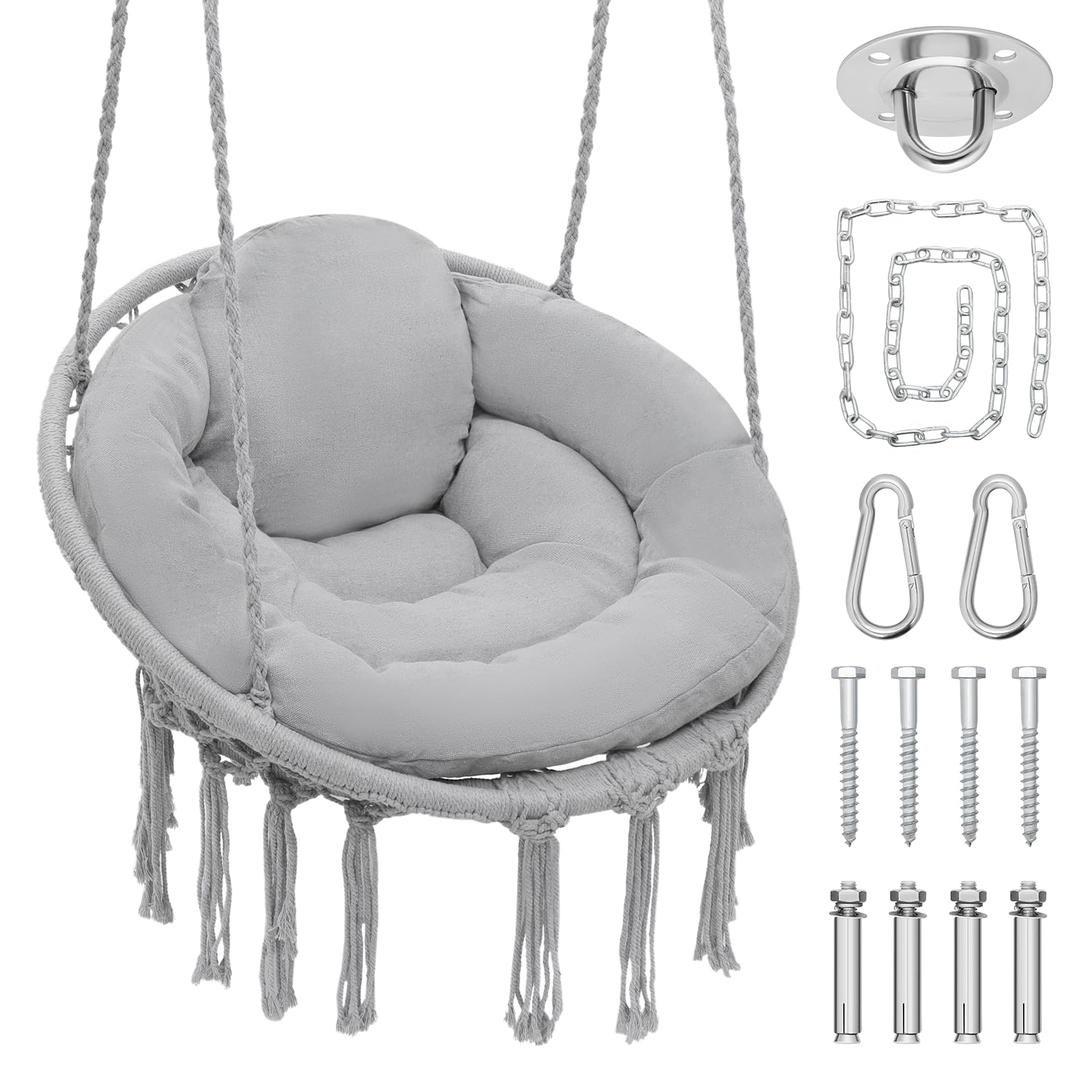 Magshion Macrame Hanging Hammock Chair with Full Cushion - 350 Lbs Capacity Indoor/Outdoor Boho Swing Chair with Tassels - Perfect for Living Room, Bedroom, Porch & Garden Relaxation (Gray)