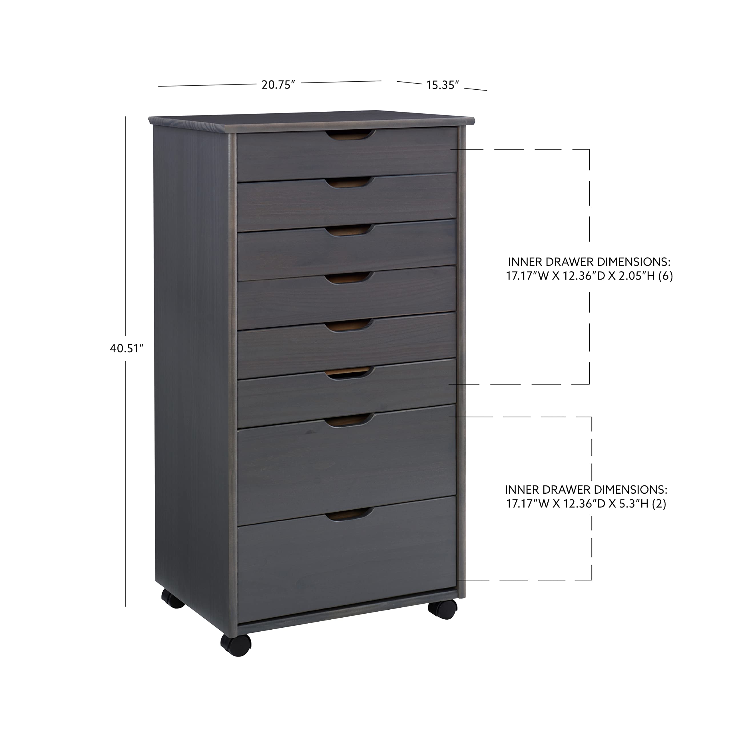 Linon Corinne 8-Drawer Rolling Storage Cart - Grey Organizer for Home, Office & Dorm | Space-Saving Mobile Cabinet for Bedroom, Bathroom & Kitchen Organization