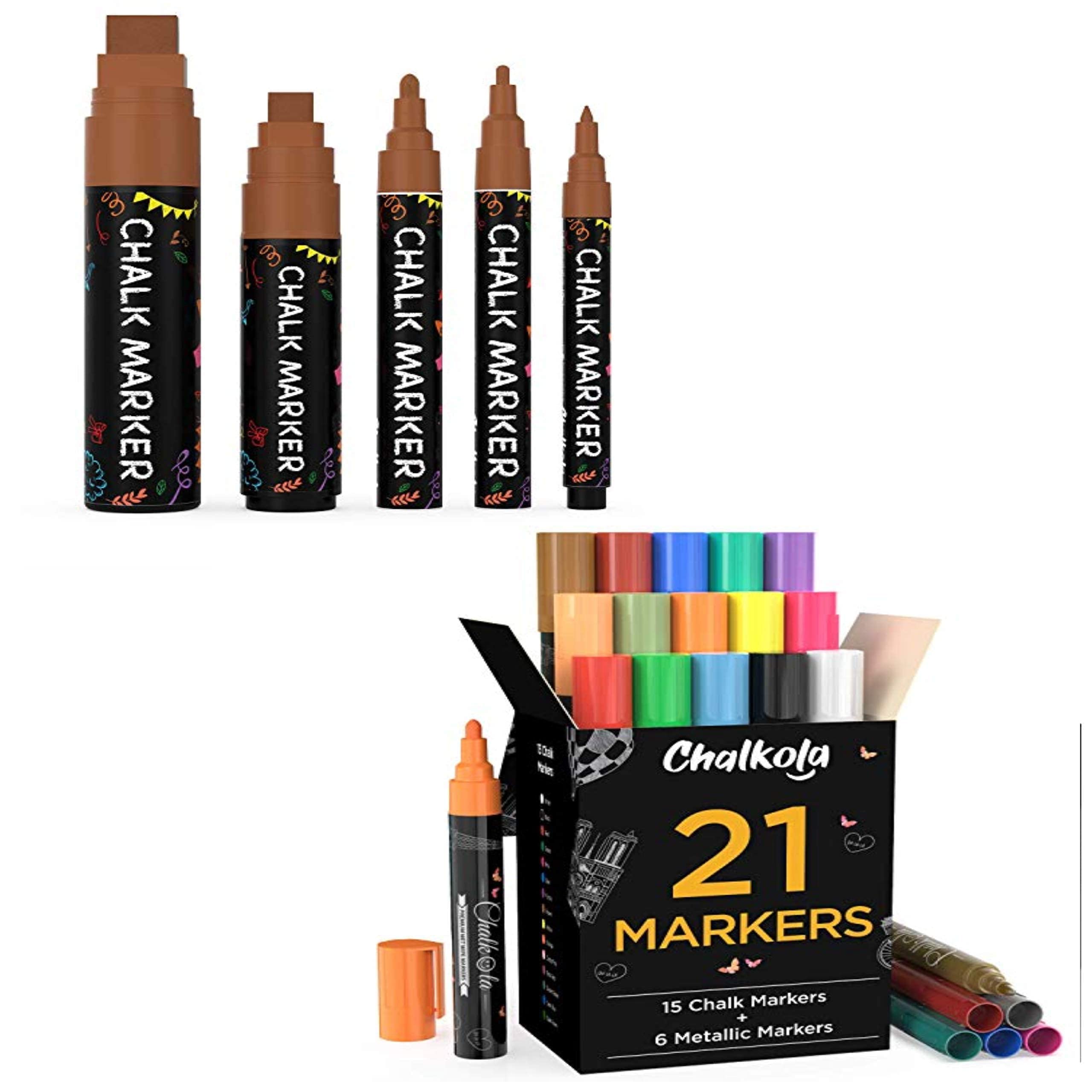 5 Pack Brown Chalk Markers + 21 Color Variety Bundle - Non-Toxic Dry Erase Markers for Whiteboard, Glass, Chalkboard - Perfect for Restaurants, Classrooms, Offices & Home Decor
