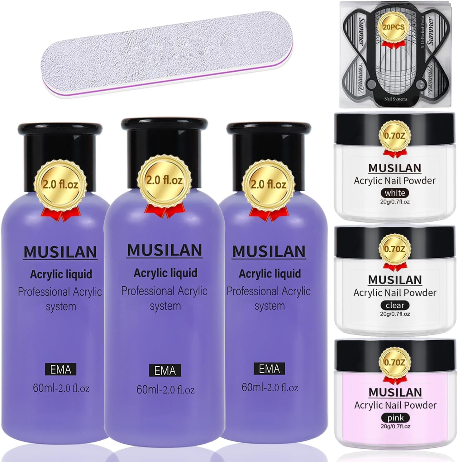 Professional Acrylic Nail Kit with 6oz Liquid Monomer & 3 Colors Powder (Clear, Pink, White) - Complete Acrylic Nail System for Salon & Home Manicures
