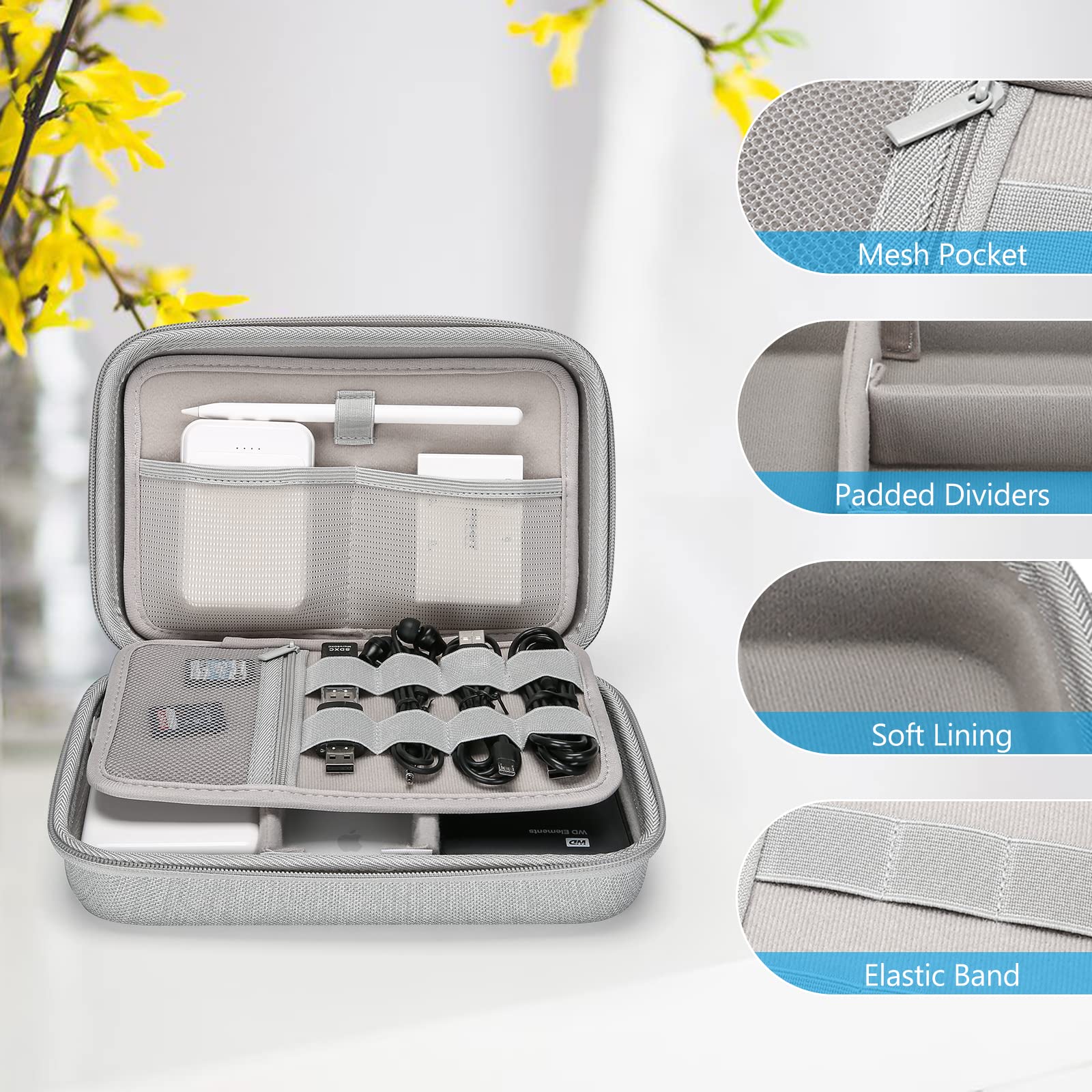 ProCase Hard Travel Electronic Organizer Case for MacBook Accessories - Power Adapter, Chargers, Cables, Power Bank, Magic Mouse, Apple Pencil, USB Flash Drive, SD Cards | Portable Grey Storage Bag (Large) | Perfect for Business Travel, Office & Home Organization