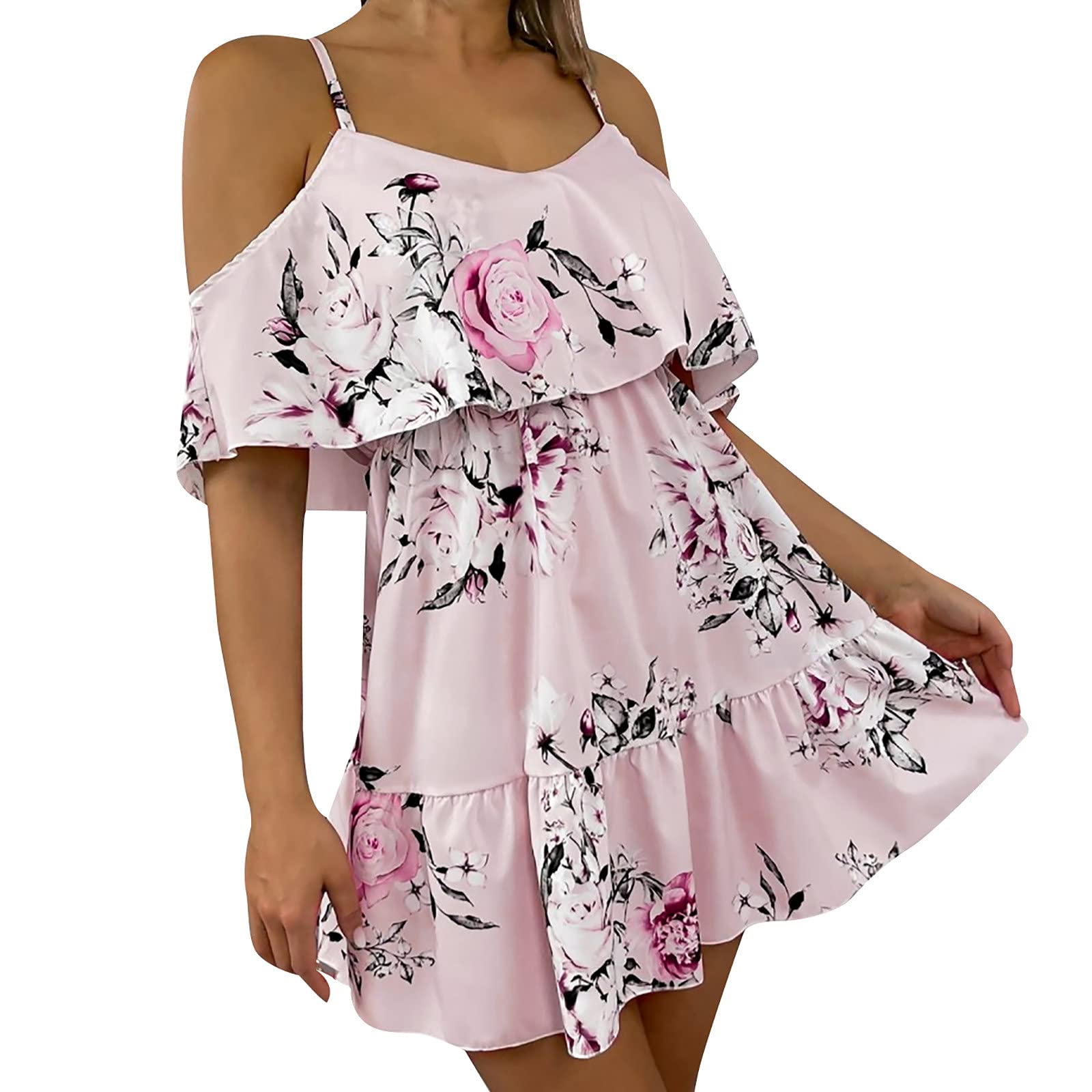 Lucktop Women's Summer Cold Shoulder Spaghetti Strap Floral Print Ruffle Hem Loose Mini Dress - Casual Beach Wear, Party Outfit, Vacation Dress