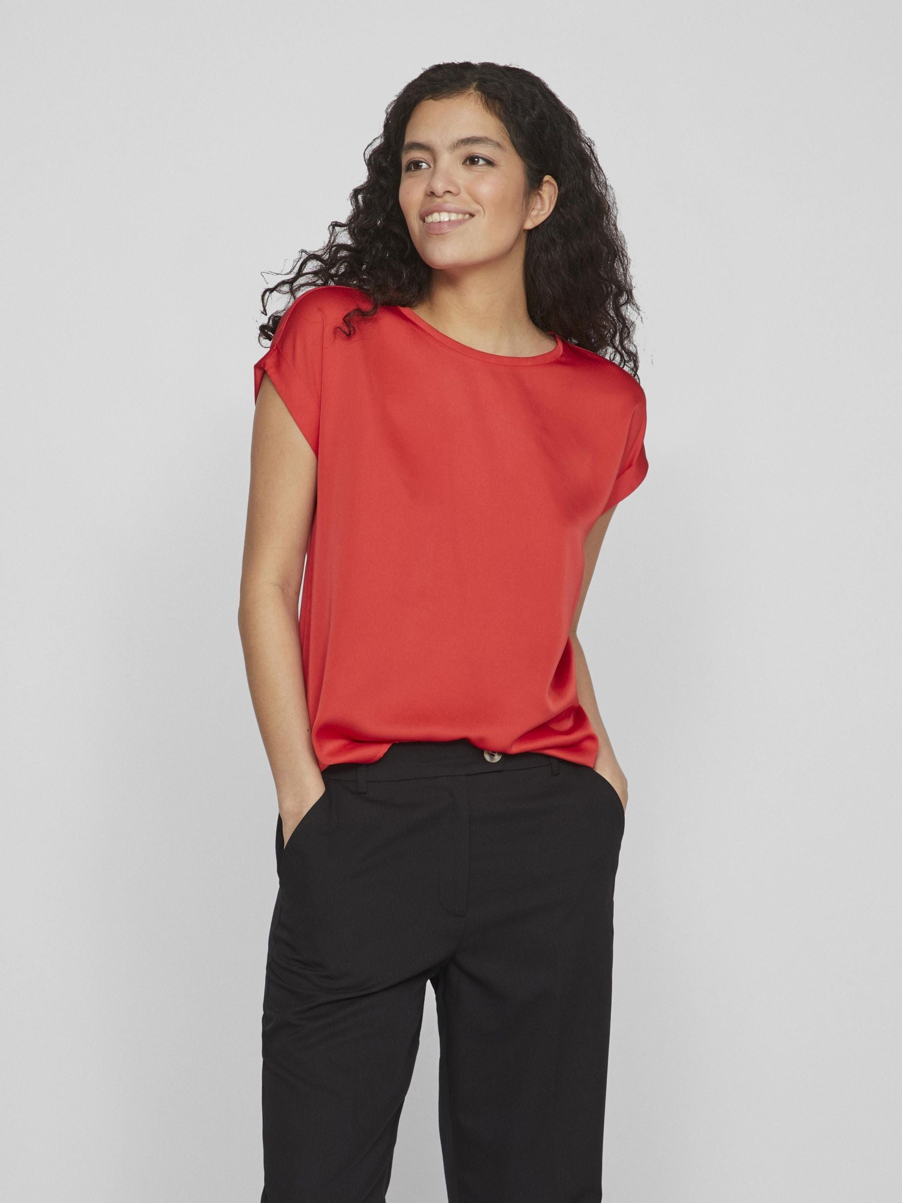 Elle Women's Satin Blouse in Poppy Red - Elegant Long Sleeve Shirt for Work, Party & Special Occasions