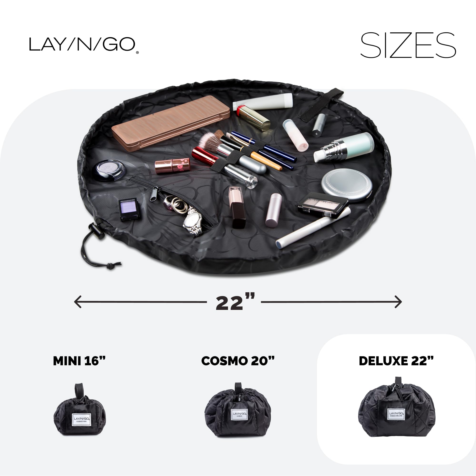 Lay-n-Go Cosmo Drawstring Cosmetic & Makeup Organizer Bag - Portable Travel Makeup Pouch with Zipper Pocket & Loops - Durable Machine Washable Beauty Case (22 Inch, Black) - Perfect for Travel, Gym & Daily Organization