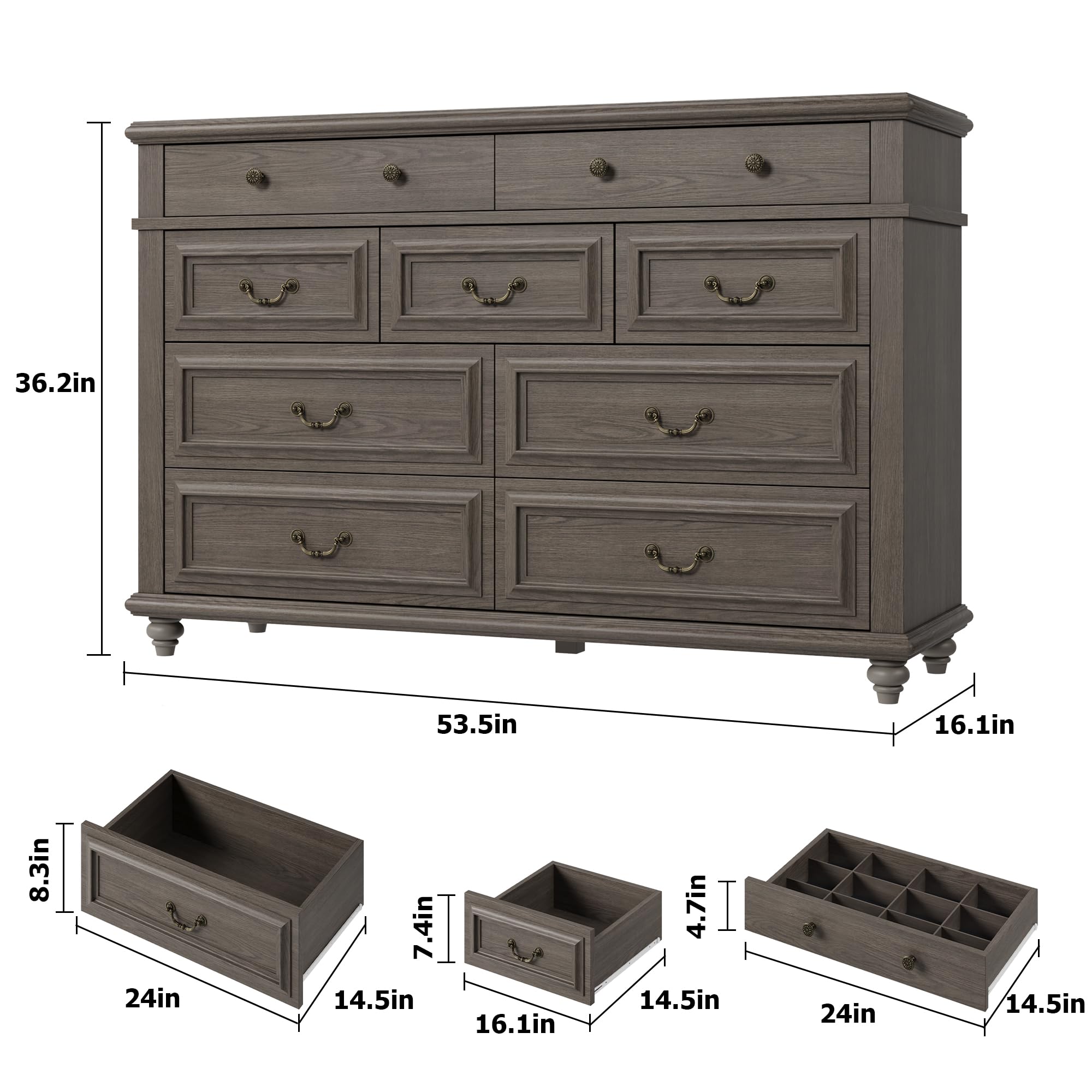 Farmhouse 9-Drawer Dresser with Deep Storage - Large Grey Wooden Chest of Drawers for Bedroom, Living Room & Hallway | Perfect for Organizing Clothes, Linens & Home Decor (Grey, 9-Drawer)