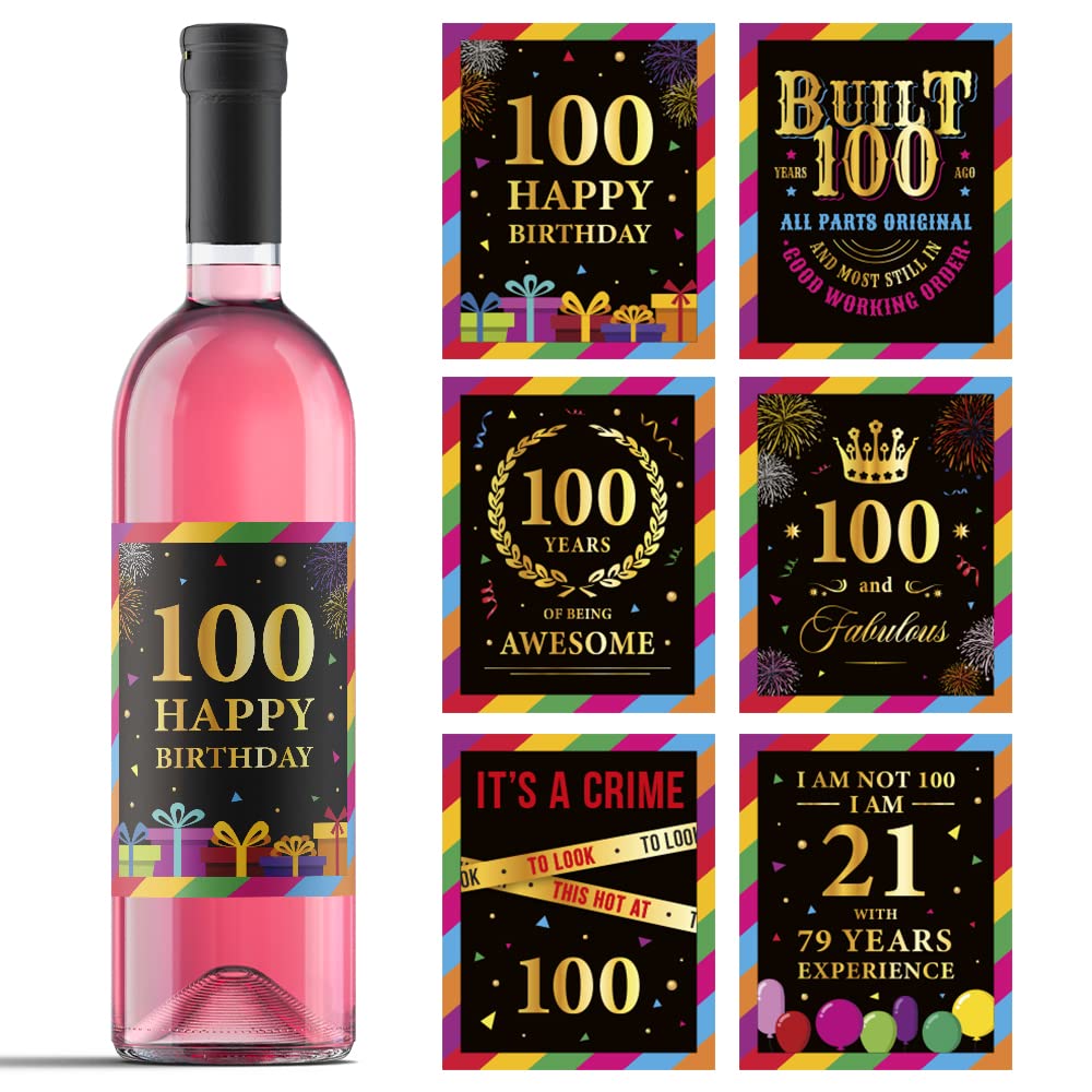 100th Birthday Wine Bottle Labels - Set of 6 Personalized Wine Stickers for 100 Years Old Celebration - Perfect for Birthday Party Decorations, Anniversary Gifts & Milestone Party Supplies - Great for Wine Gifts, Centenarian Celebrations & Special Occasion Decor