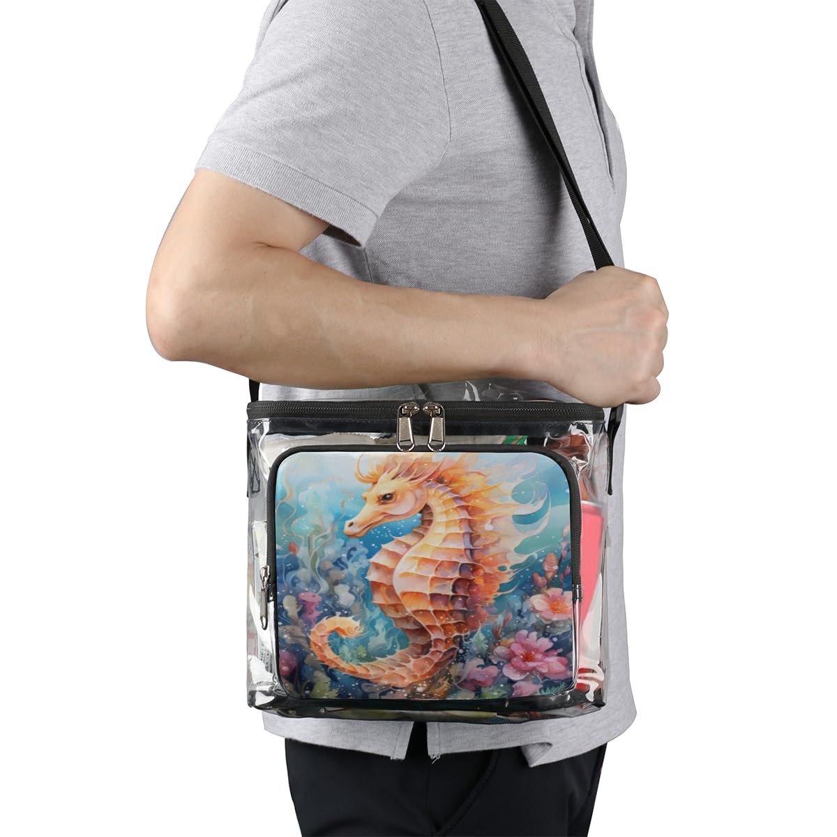 GzLeyigou Clear Transparent Tote Bag with Handles - Waterproof Seahorse Design Crossbody Shoulder Bag for Lunch, Beach, Travel, Picnic, Concerts & Sports Events | Stadium Approved Multipurpose Carryall | Perfect for Outdoor Activities, Shopping and Theme Parks