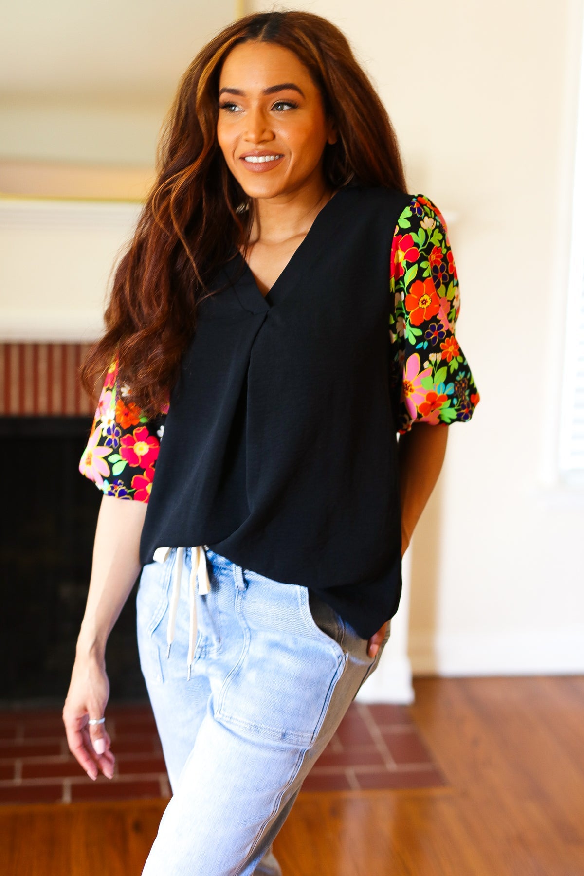 Eyes On You Black Floral Puff Sleeve V Neck Top - Women's Fashion Blouse for Date Night & Special Occasions