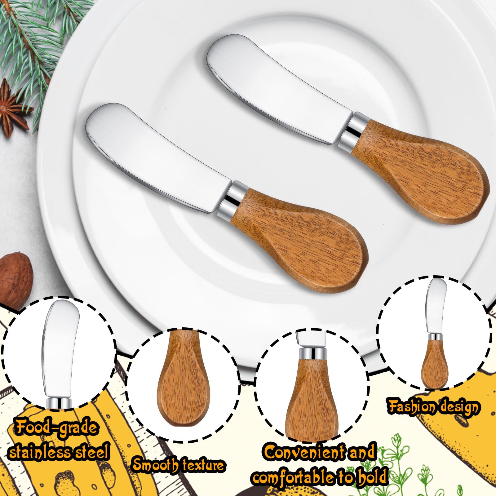 6-Piece Stainless Steel Cheese Spreader Knives with Acacia Wood Handle - Butter, Jam, Charcuterie & Pastry Spreading Utensils for Cheese Boards, Cocktail Parties & Holiday Gifting