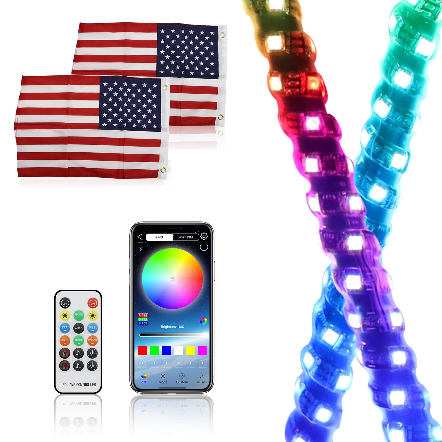 2PCS 4FT Spiral LED Whip Lights - Waterproof Bluetooth APP & RF Wireless Remote Control Safety Whips with Flag for Offroad Vehicles (UTV/ATV/Polaris RZR) - Perfect for Night Riding, Dune Bashing & 4X4 Adventures