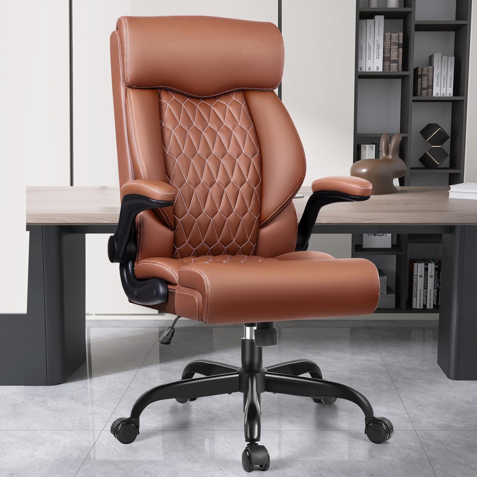 Premium Ergonomic High Back Executive Office Chair - Adjustable Lumbar Support & Flip-Up Armrests - Leather Managerial Desk Chair with Rocking Function for Home & Business Use