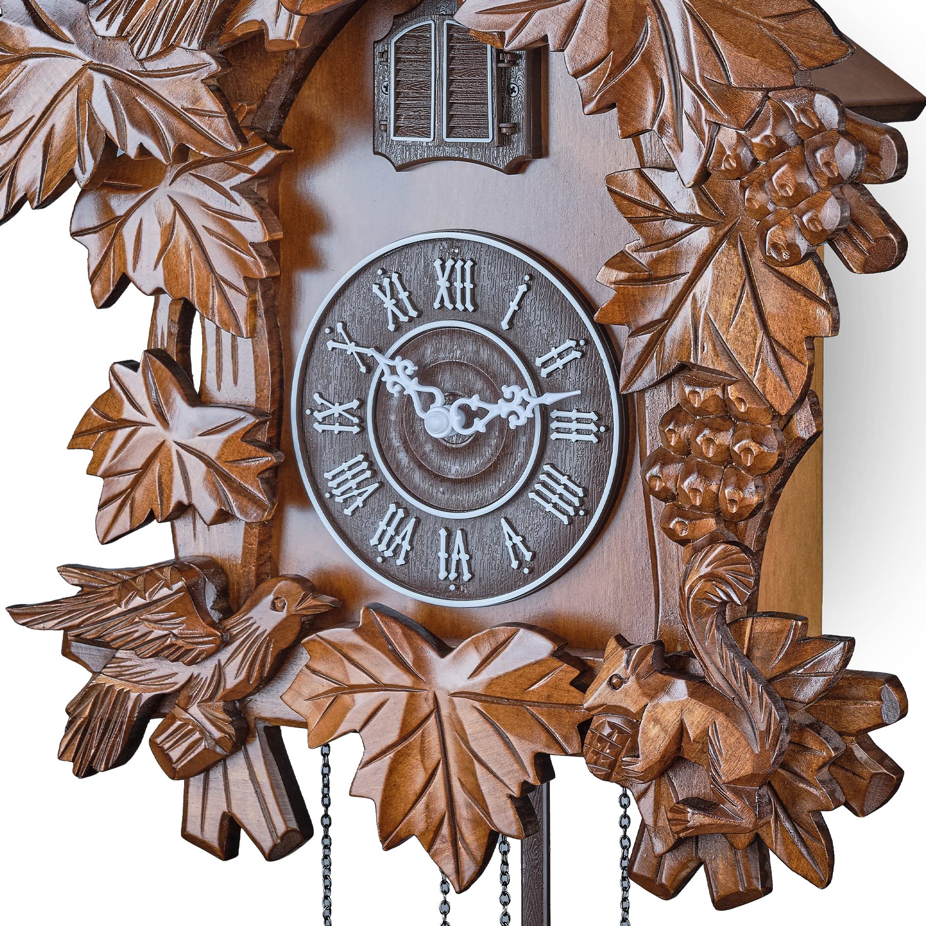 TIMEGEAR Cuckoo Clock with Automatic Night Mode - Hand Carved Wooden Wall Clock - Perfect for Living Room, Bedroom & Office Decor