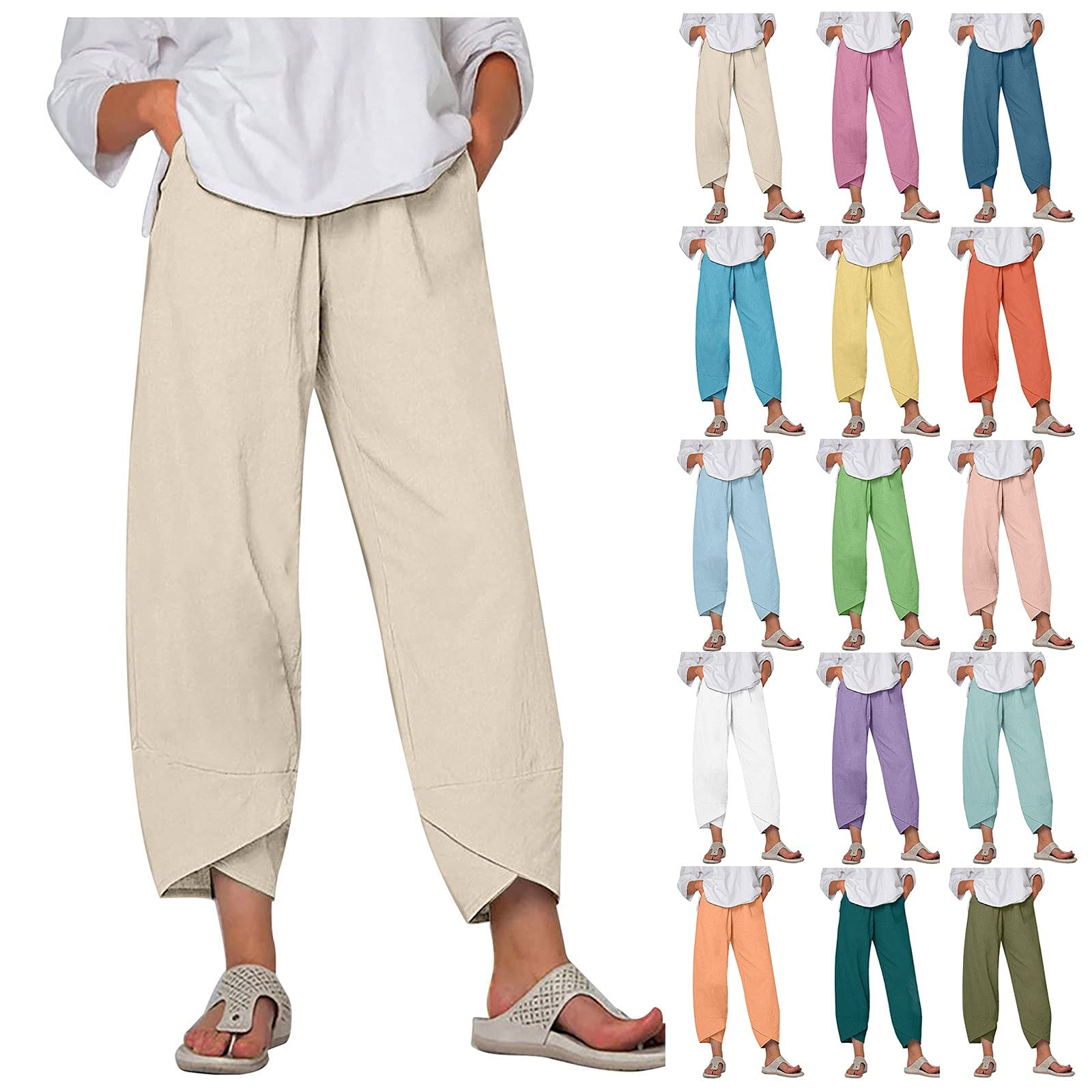 Women's Capri Pants - Summer Casual Cotton Linen Cropped Trousers with Elastic Waist & Wide Leg | Comfortable Lounge Wear, Beach Outfits, Vacation Essentials