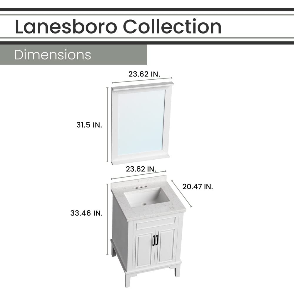 Hanover Lanesboro 24'' White Bathroom Vanity Set with Sink, Mirror & Stone Countertop - Pre-Assembled 2-Door Cabinet for Powder Room or Master Bath | HANVN0105-24-0WH | Perfect for Small Bathrooms & Guest Suites