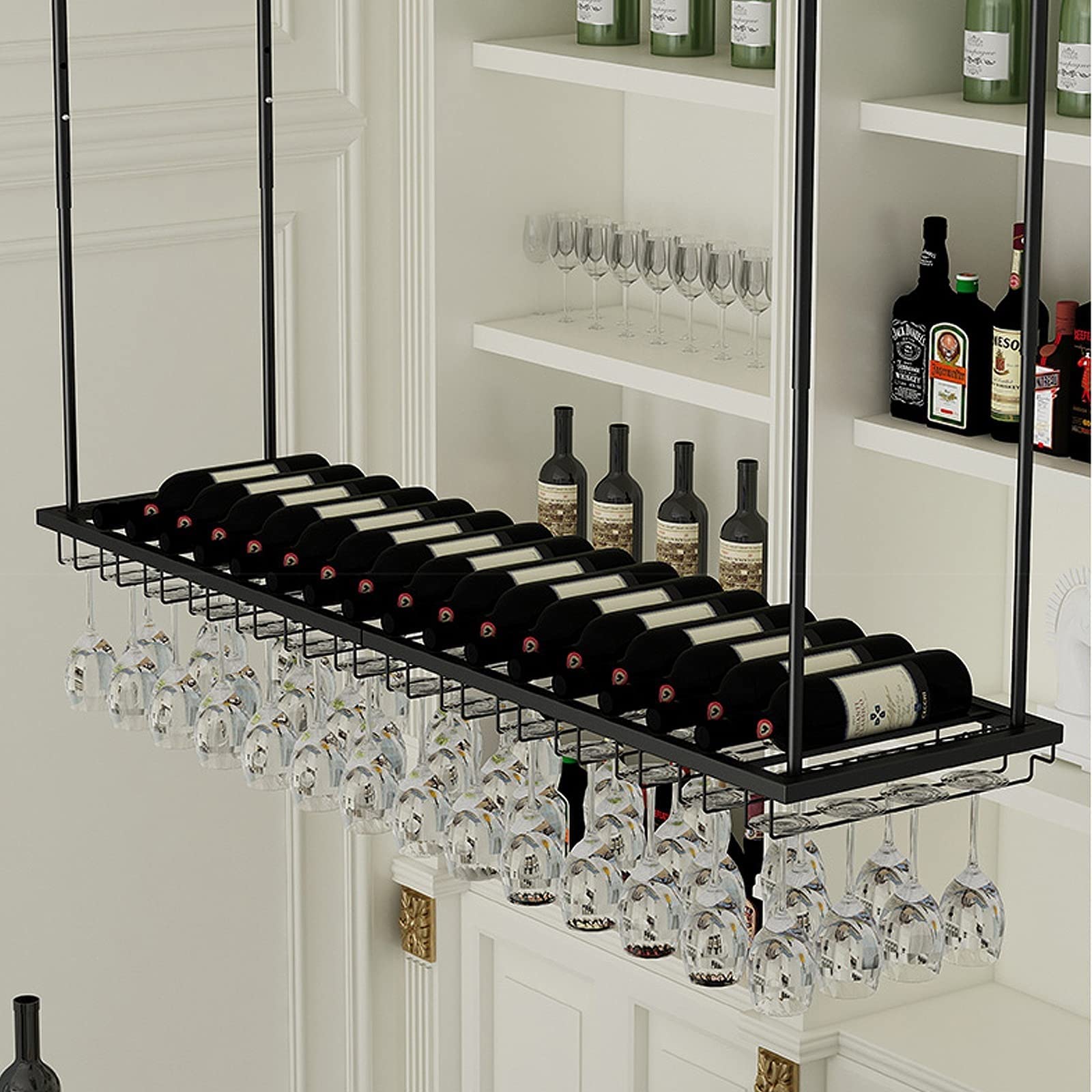 Adjustable Ceiling Hanging Wine Rack - European Style Wrought Iron Floating Wine Glass & Bottle Holder (120x27cm, 30-60cm Height) for Kitchen, Bar, Restaurant & Home Decor