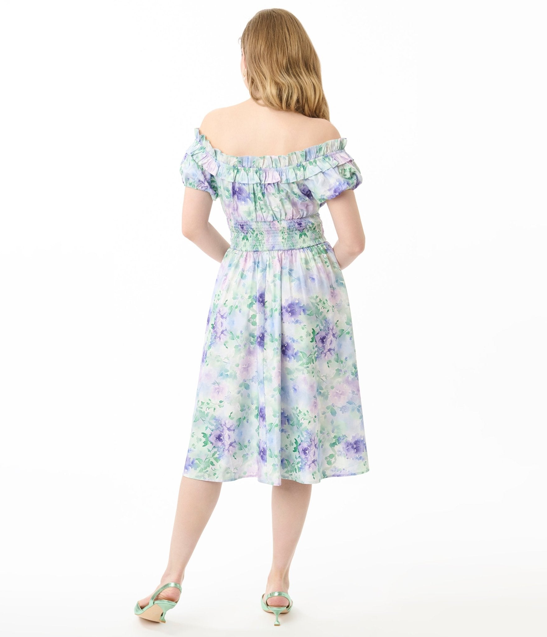 Vintage 1950s Lavender Floral Off-Shoulder Ruffle Swing Dress - Retro Cocktail Party & Wedding Guest Dress for Women