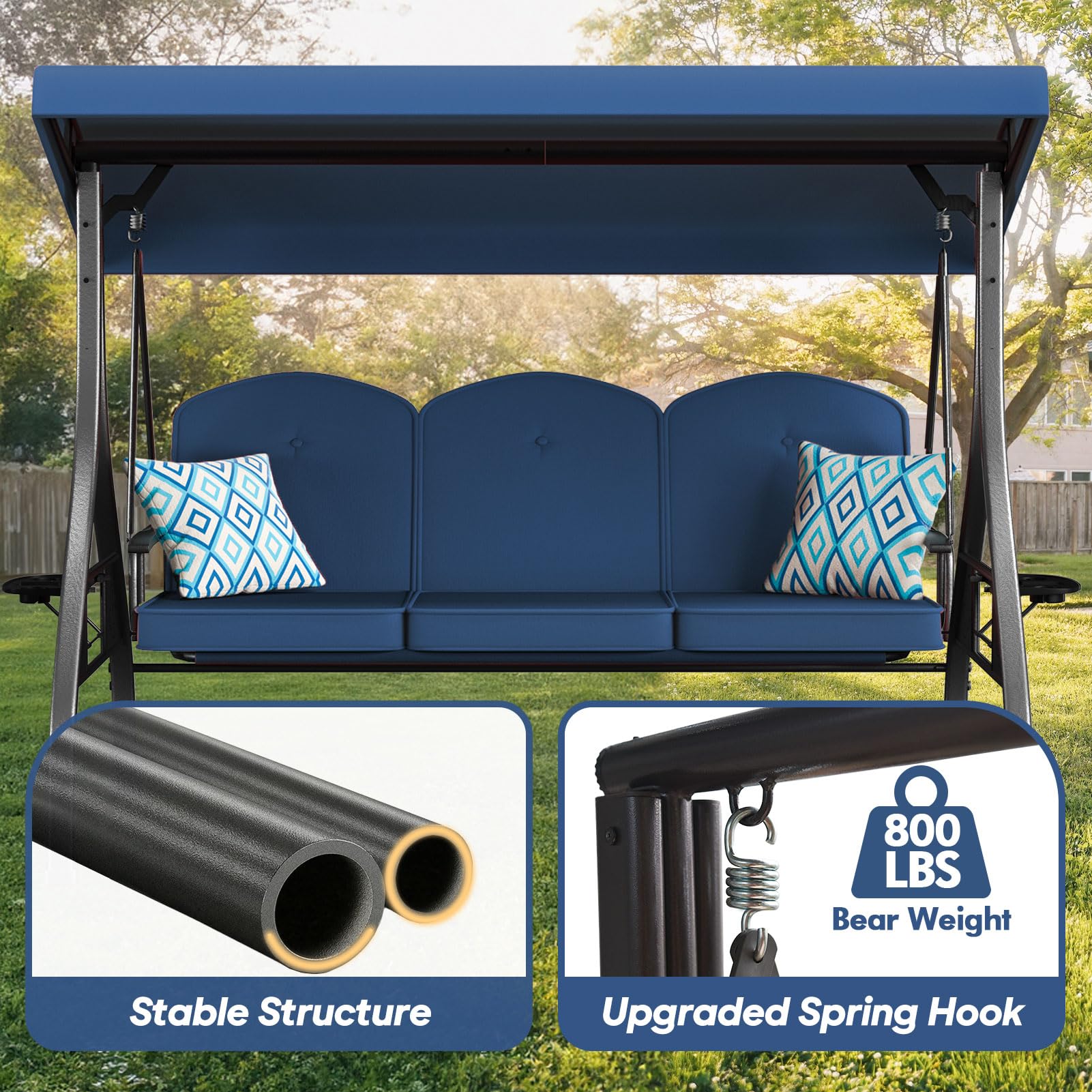 3-Seat Outdoor Porch Swing - 800lb Capacity 2-in-1 Patio Glider Chair with Adjustable Canopy & Removable Cushions - Heavy Duty Square Tube Stand for Yard, Garden, Deck or Backyard Relaxation (Blue)