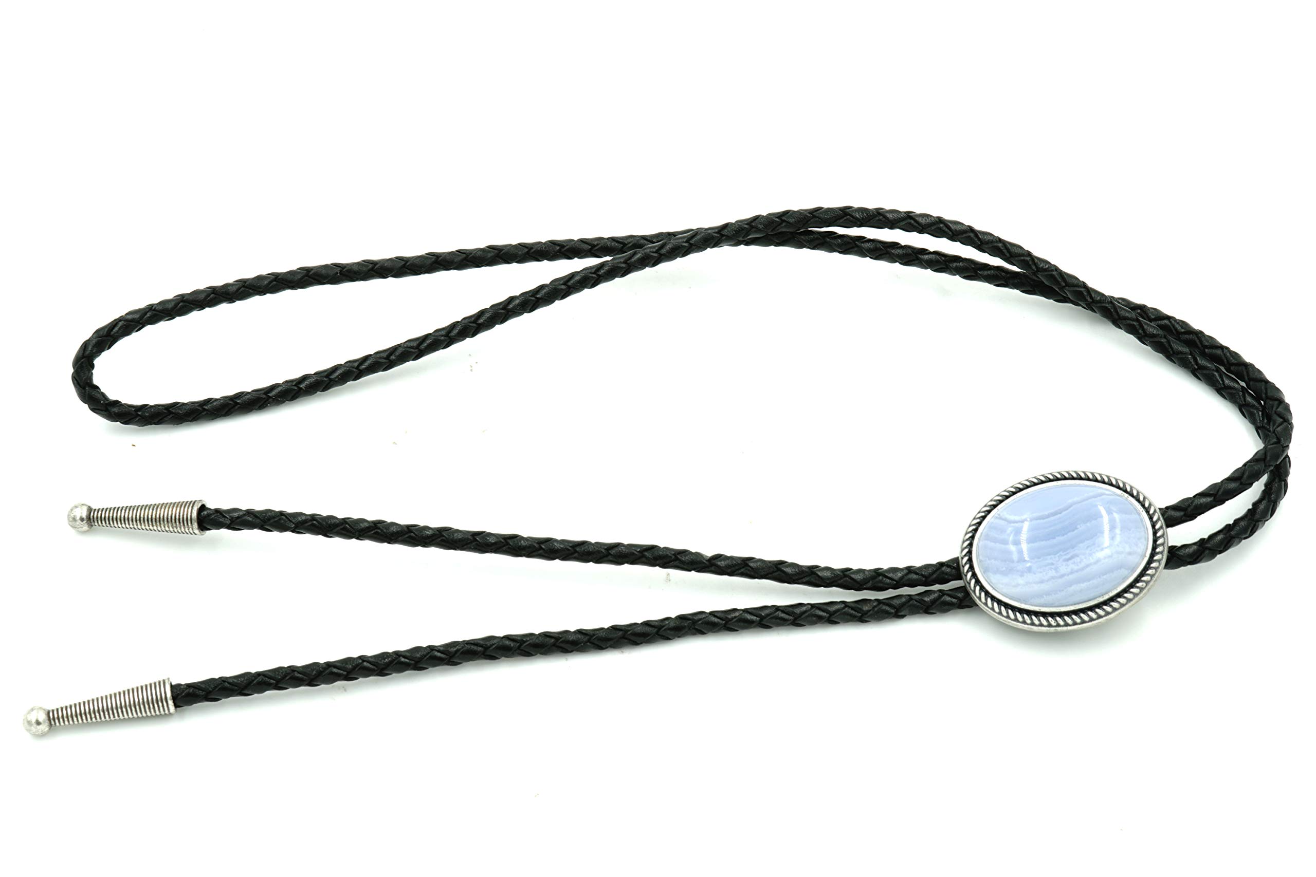 Blue Lace Agate Western Cowboy Leather Bolo Tie for Men - Stylish Accessory for Weddings, Rodeos, and Western Events