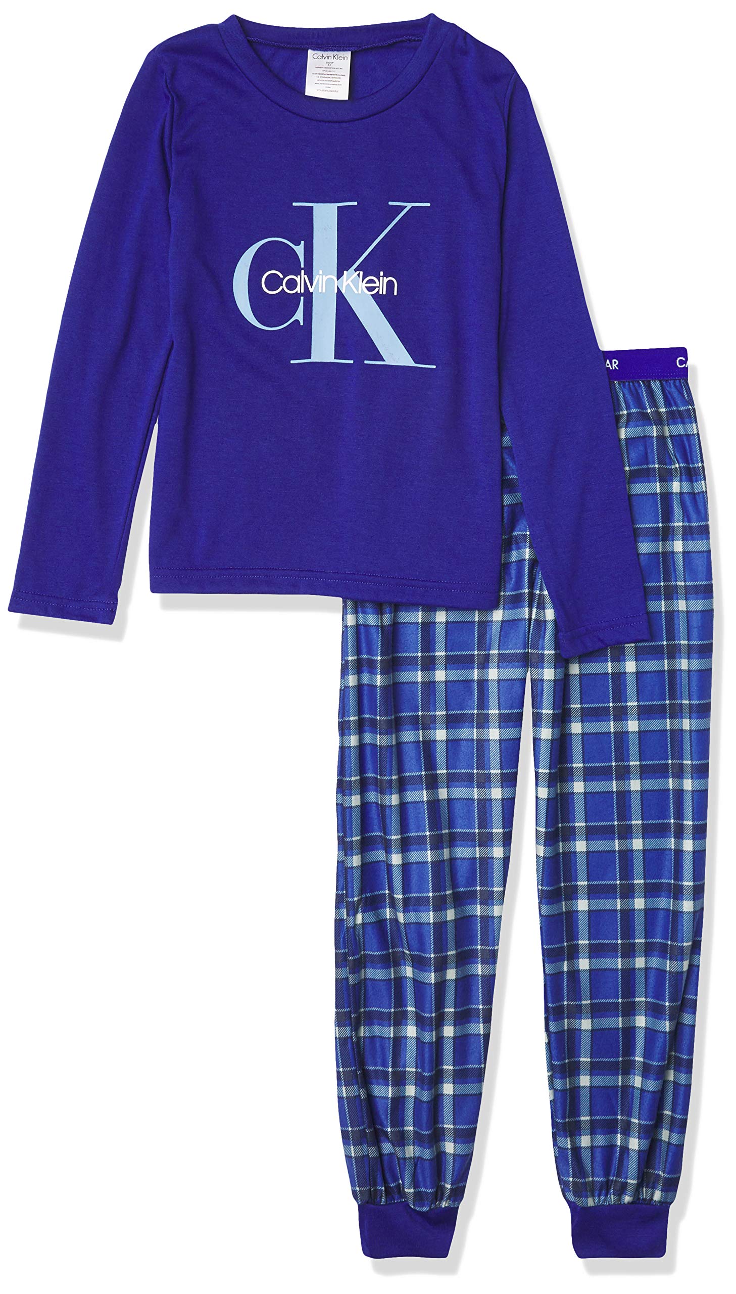 Calvin Klein Boys' Long Sleeve T-Shirt & Plaid Jogger Pajama Set - Soft Cotton Sleepwear for Kids, Cozy Loungewear for Bedtime & Sleepovers