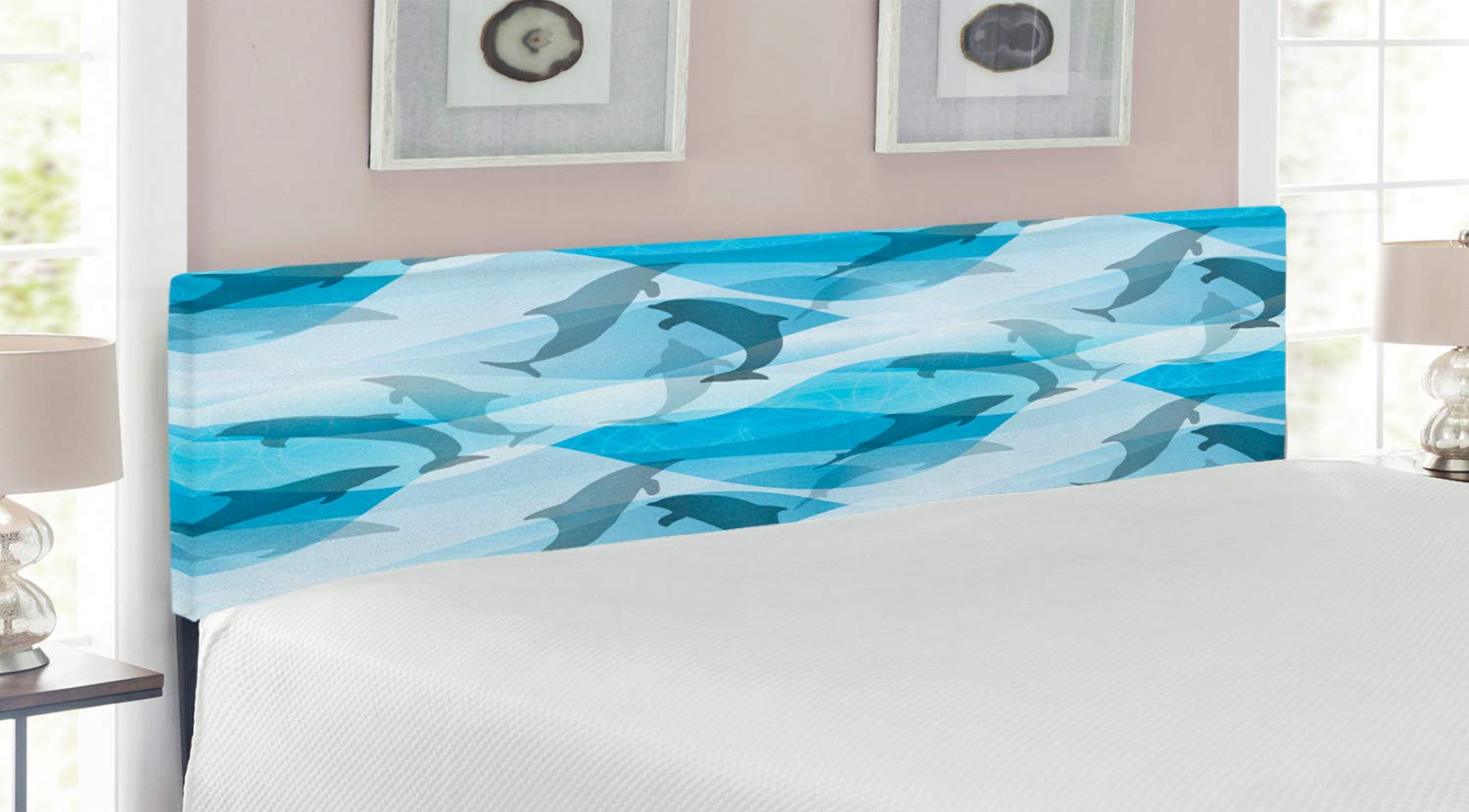 Ambesonne King Size Upholstered Metal Headboard with Memory Foam - Dolphin & Sea Animal Silhouette Design in Blue & Grey | Contemporary Underwater Waves Pattern for Bedroom Decor | Perfect for Coastal, Nautical or Kids' Room Themes