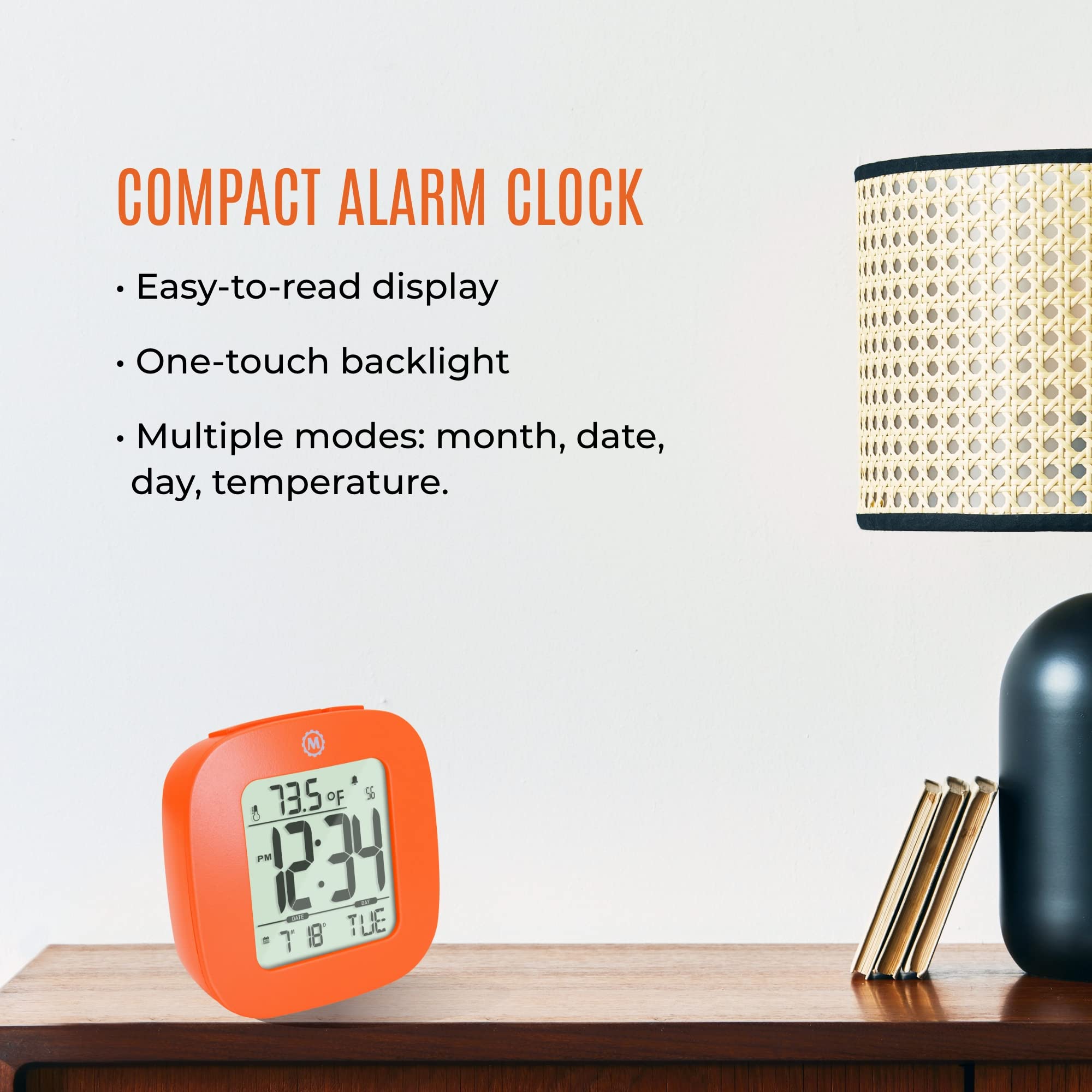 Marathon Compact Alarm Clock with Temperature & Date Display - Large Easy-to-Read Backlit Screen, Simple Setup (Includes 2 AAA Batteries) - Perfect for Bedroom, Office, Travel & Nightstand Use