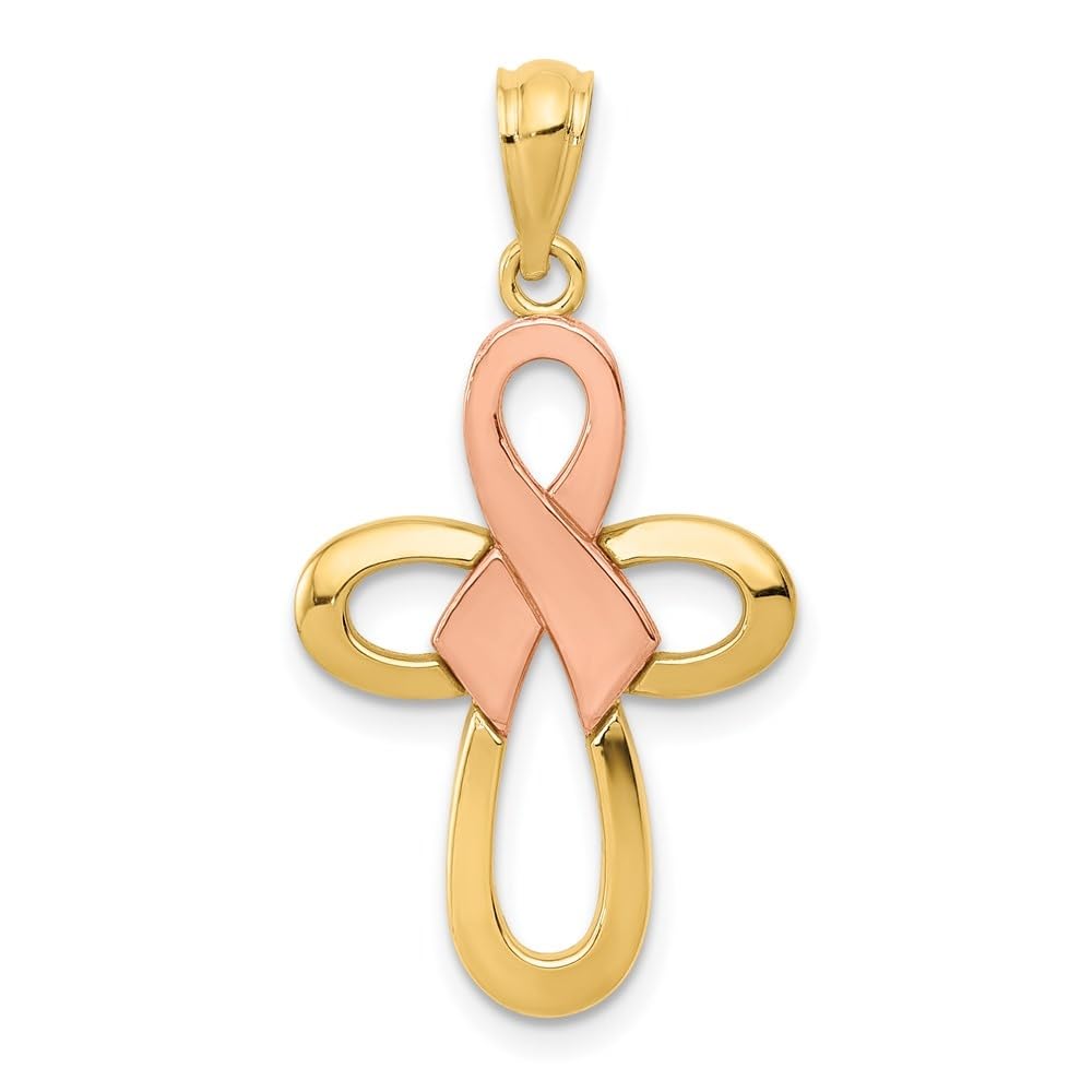 14K Two-Tone Yellow Gold and Rose Gold Polished Pink Ribbon Cross Pendant Necklace - Elegant Gift for Women, Perfect for Valentine's Day, Mother's Day, and Religious Occasions