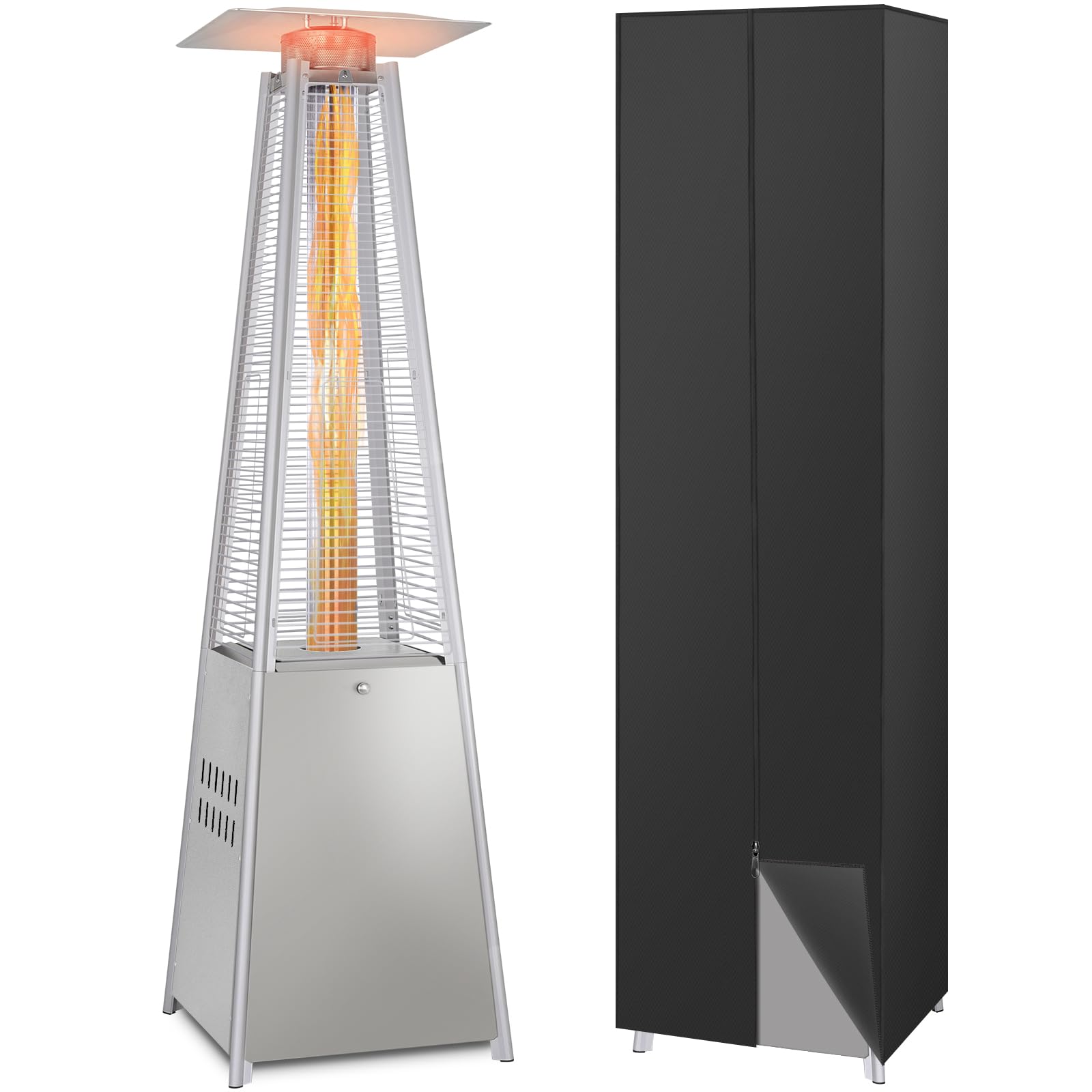 Hykolity 48000 BTU Outdoor Pyramid Patio Heater with Glass Tube, Wheels & Cover - Silver Grey Propane Heater for Backyard, Garden, Patio, Porch, Pool Parties & Winter Gatherings