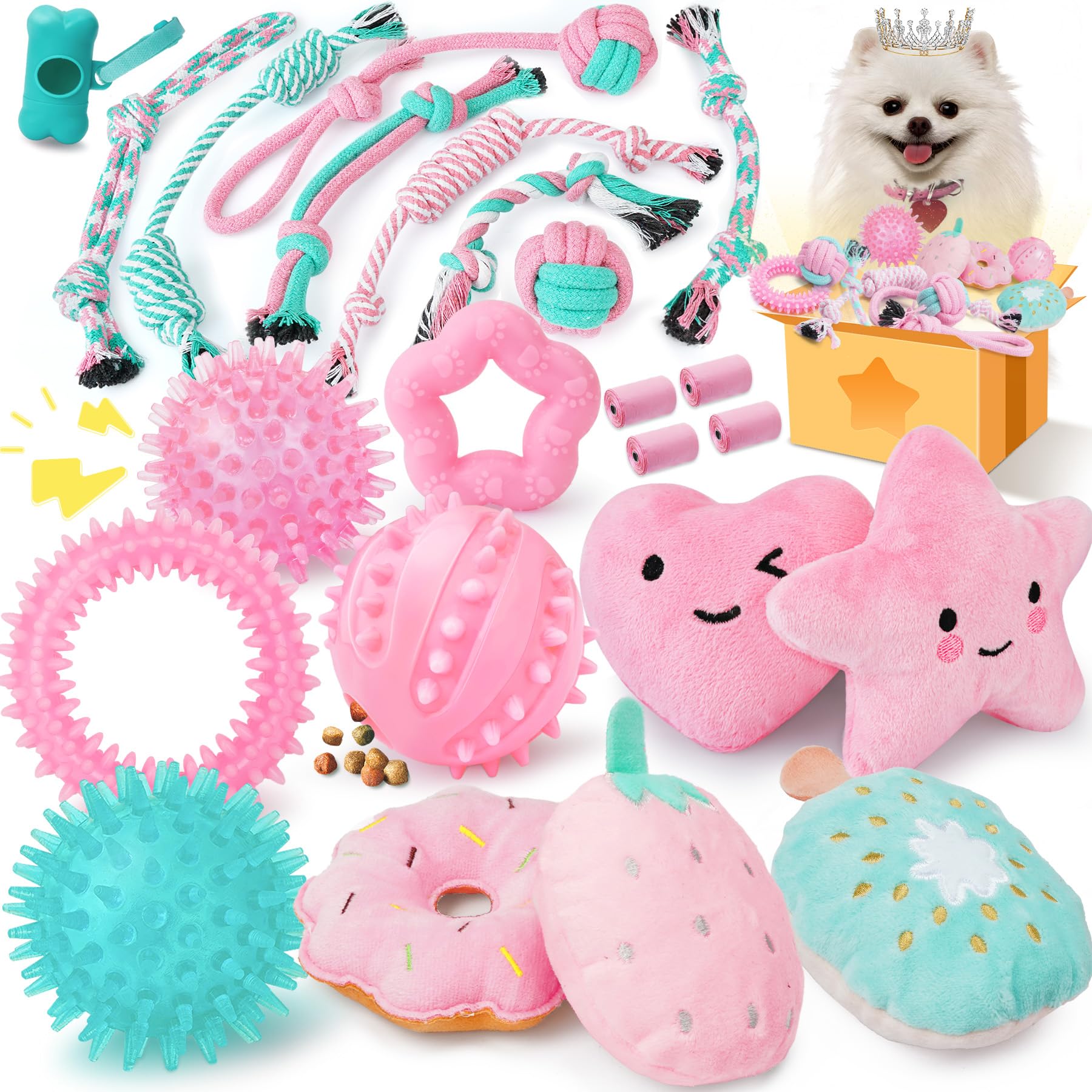 XIUGOAL 23 Pack Pink Puppy Chew Toys for Teething - Interactive Dog Toys with Squeaker, Treat Ball & Ropes for Small Dogs | Boredom Relief, Training Reward & Dental Care | Perfect for Puppy Playtime, Chewing Needs and Interactive Bonding