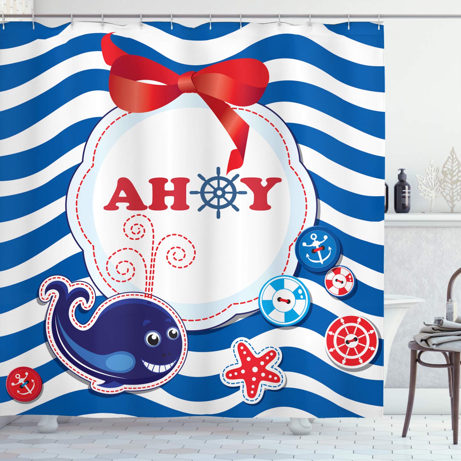 Ambesonne Cartoon Shower Curtain - Nautical Whale & 'Ahoy' Design, 69x75 Inch Waterproof Bathroom Decor Set with Hooks, Cobalt Blue & Vermilion - Perfect for Kids' Bathrooms, Beach Themed Decor & Coastal Home Style