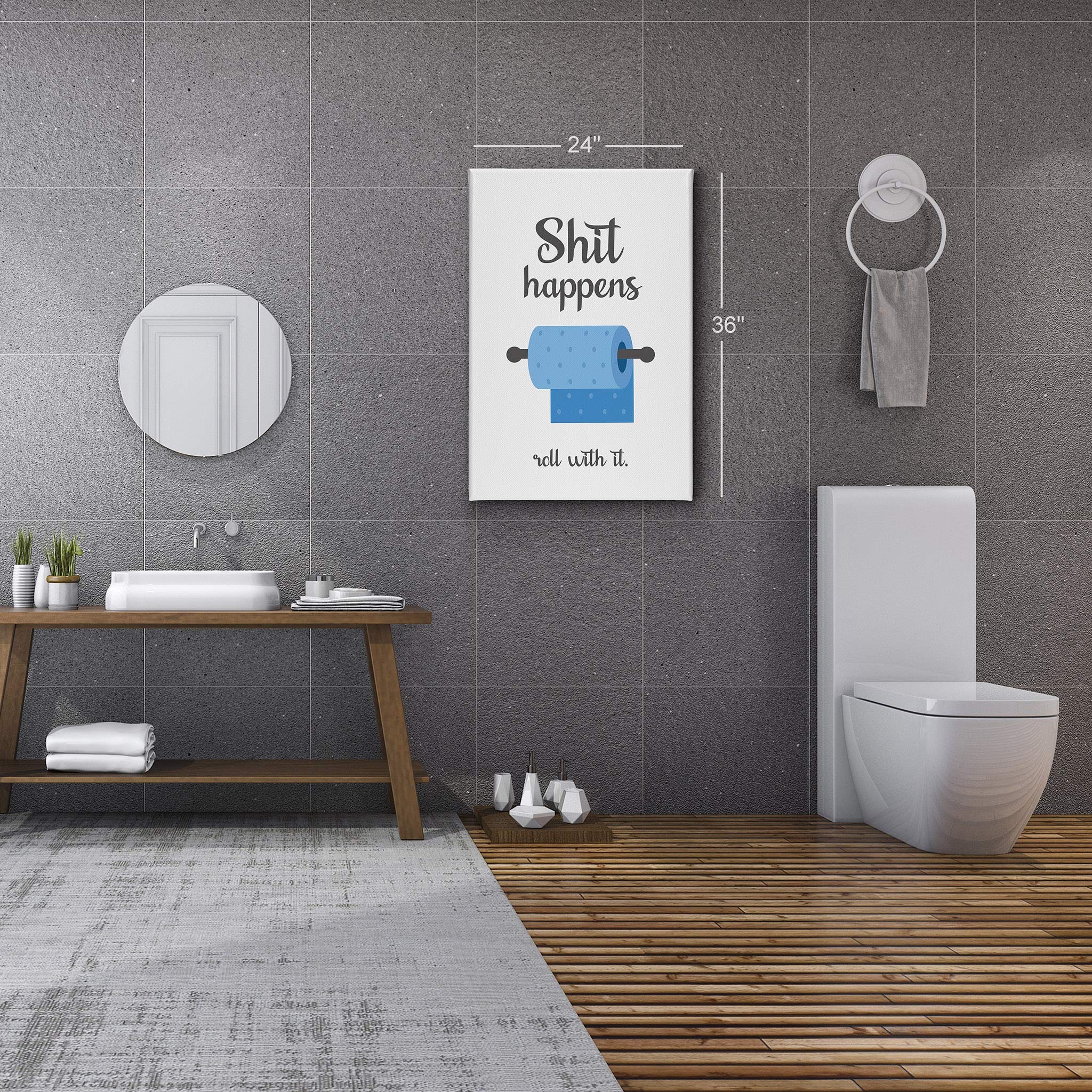 Funny Bathroom Wall Art - 'Shit Happens Roll With It' Canvas Print for Toilet Decor | Ready-to-Hang 22x15 Inch Humorous Sign | Made in USA | Perfect for Home, Office & Gag Gift