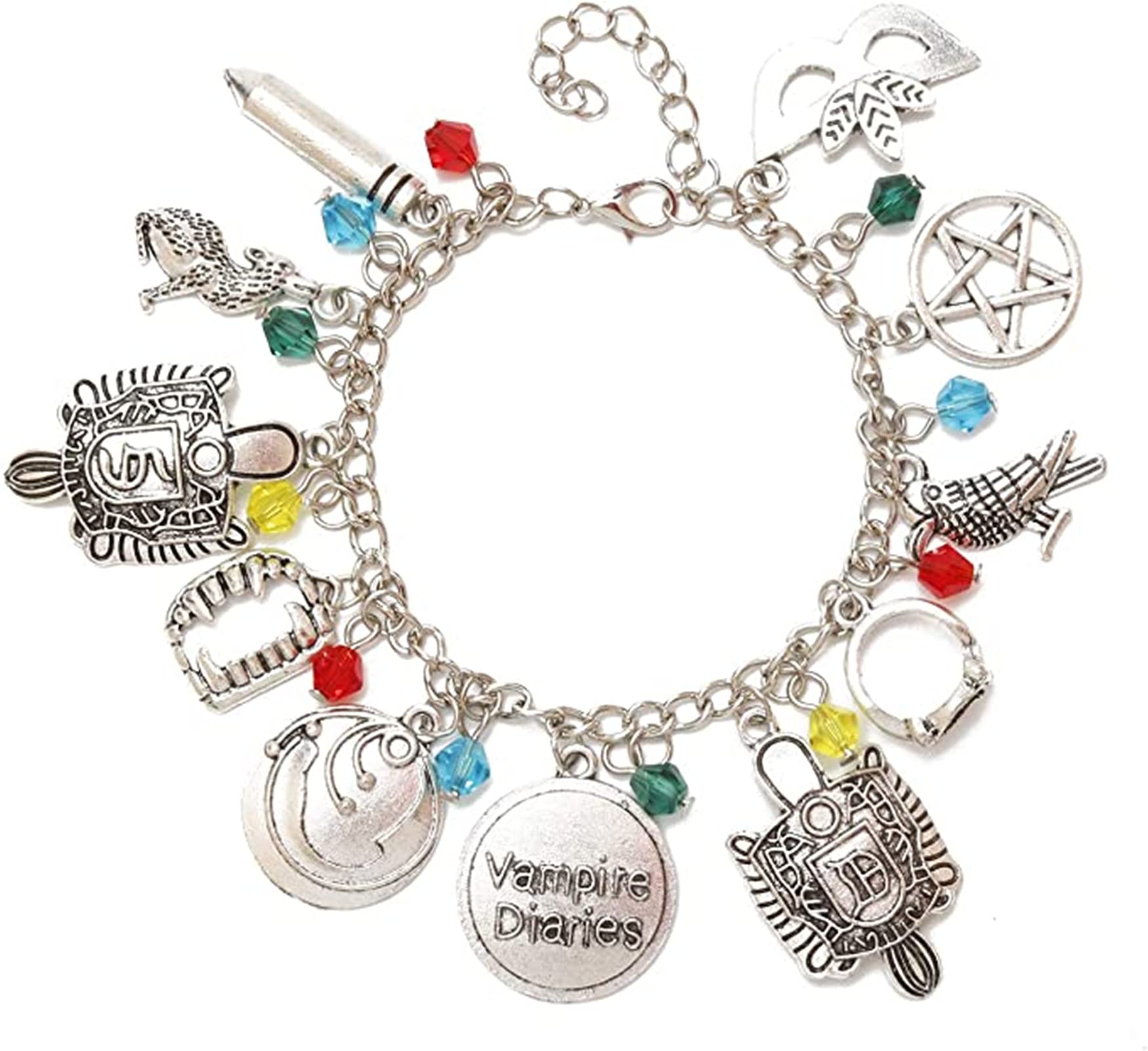 5-Piece Vampire Diaries Katherine & Elena Necklace Bracelet Set - Sapphire Crystal Pendant & Opening Charm Jewelry for Cosplay, Gift & Movie Fans | Perfect for Halloween, Themed Parties & TV Show Events