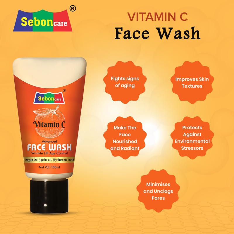 SebonCare Vitamin C Face Wash with Hyaluronic Acid, Vitamin E & Natural Oils for Brightening, Tightening & Anti-Aging - 200ml | Gentle Daily Cleanser for Glowing Skin | Perfect for Morning & Night Skincare Routine