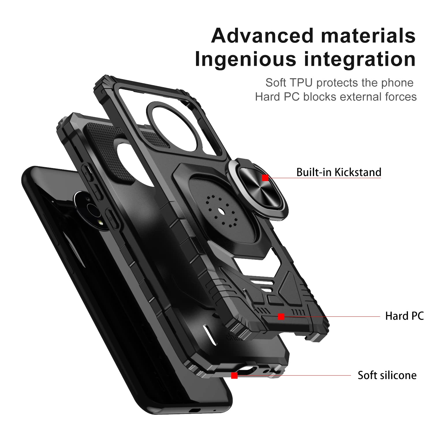ExtremeCases for Nokia C200 (N151DL) - Shockproof Hybrid Phone Case with Magnetic Ring Stand, Tempered Glass Screen Protector, Stylus Pen & Pry Tool (Black) | Perfect for Outdoor Adventures, Work & Daily Protection